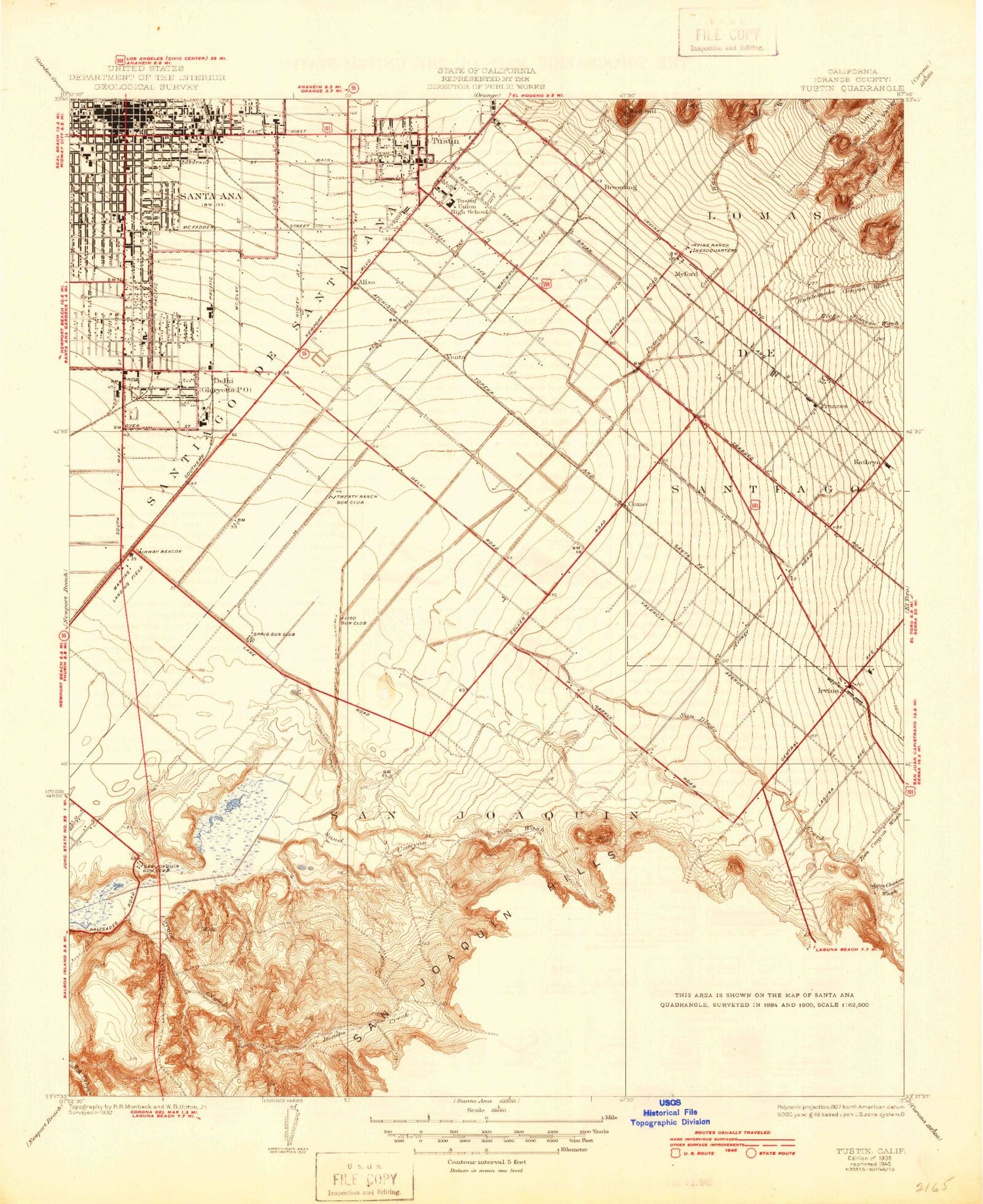 Classic USGS Tustin California 7.5'x7.5' Topo Map Image