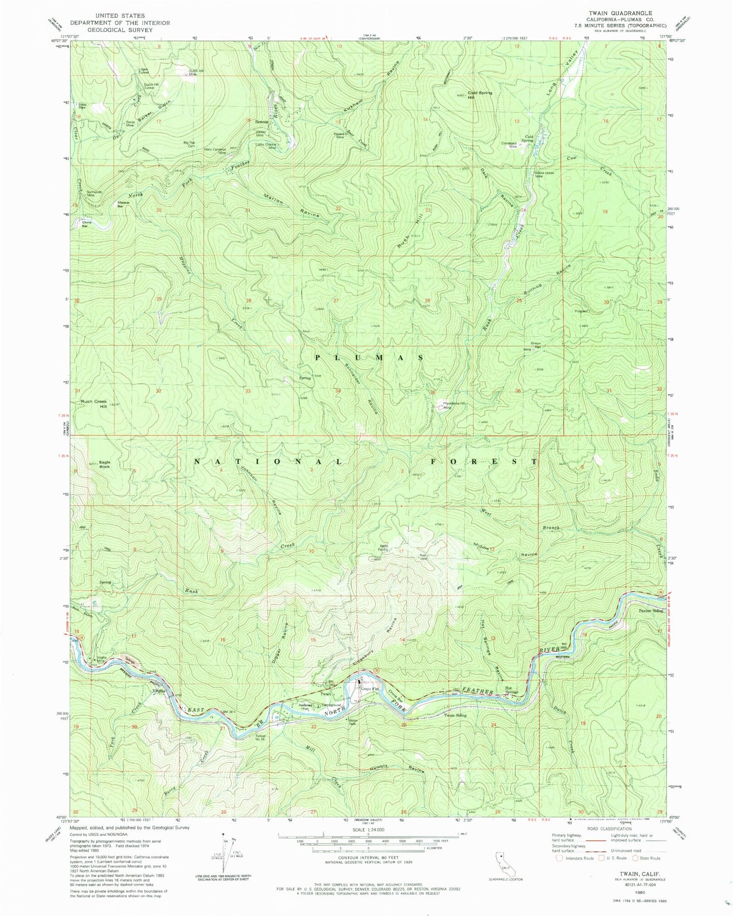 Classic USGS Twain California 7.5'x7.5' Topo Map Image