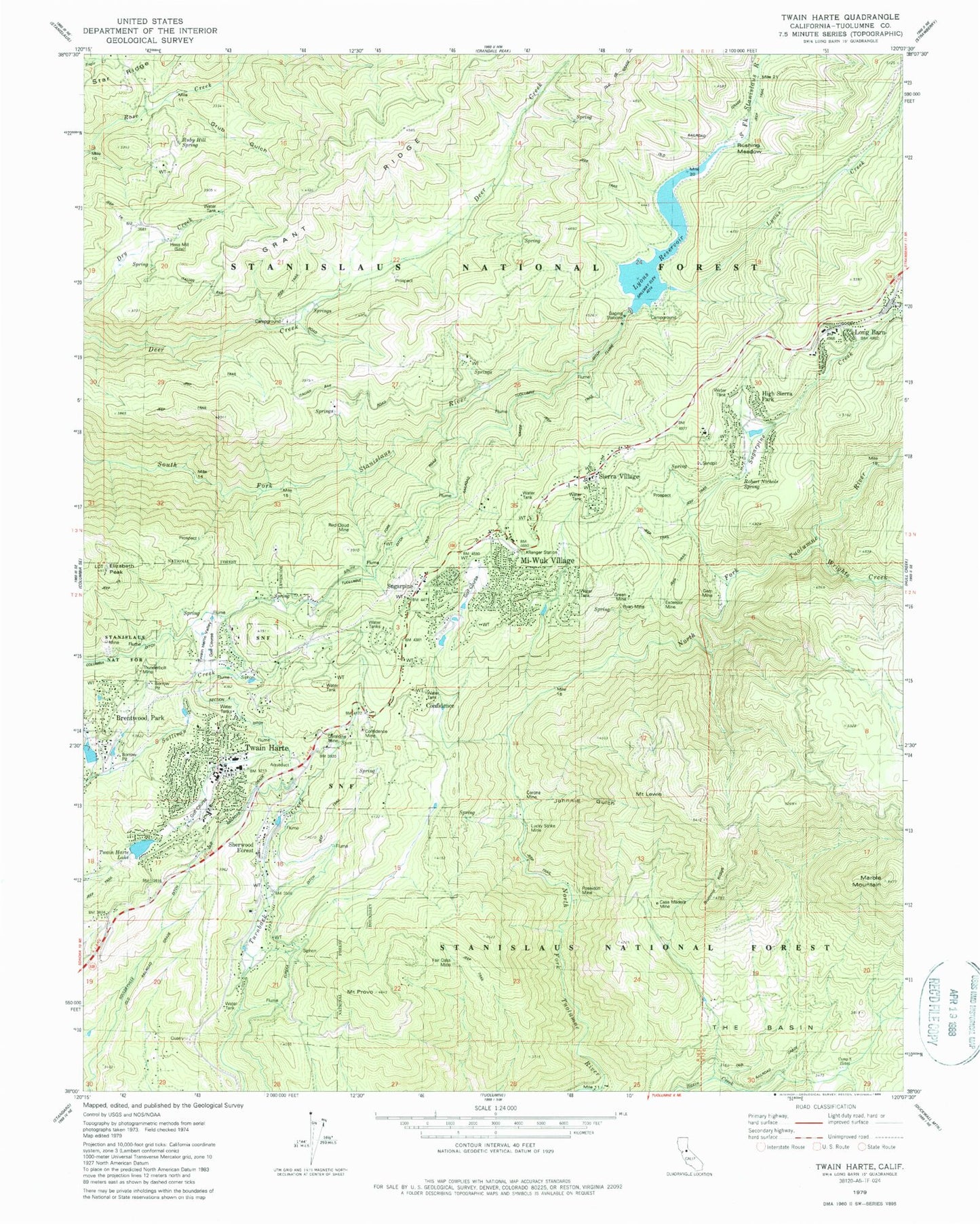 Classic USGS Twain Harte California 7.5'x7.5' Topo Map Image