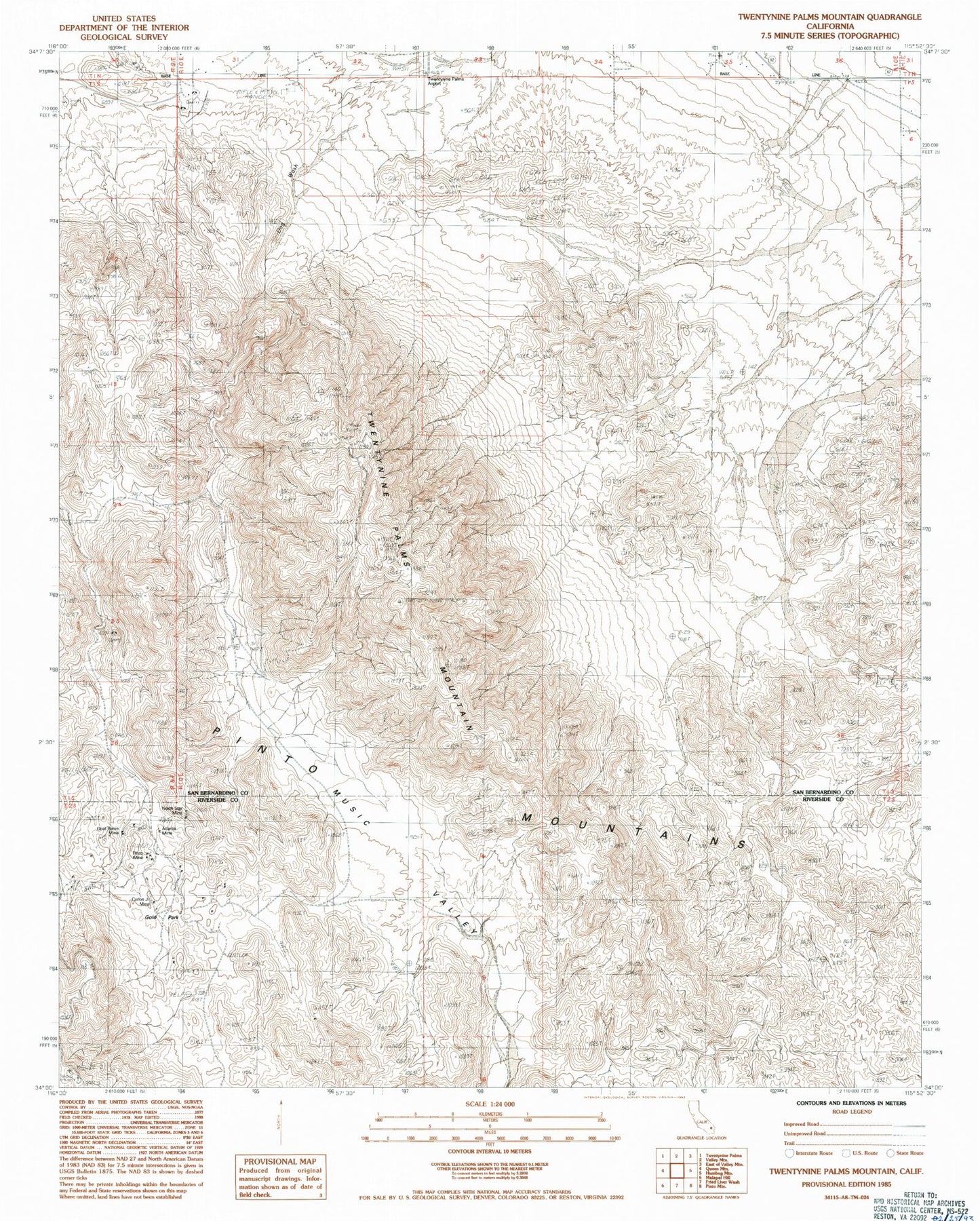 Classic USGS Twentynine Palms Mountain California 7.5'x7.5' Topo Map Image