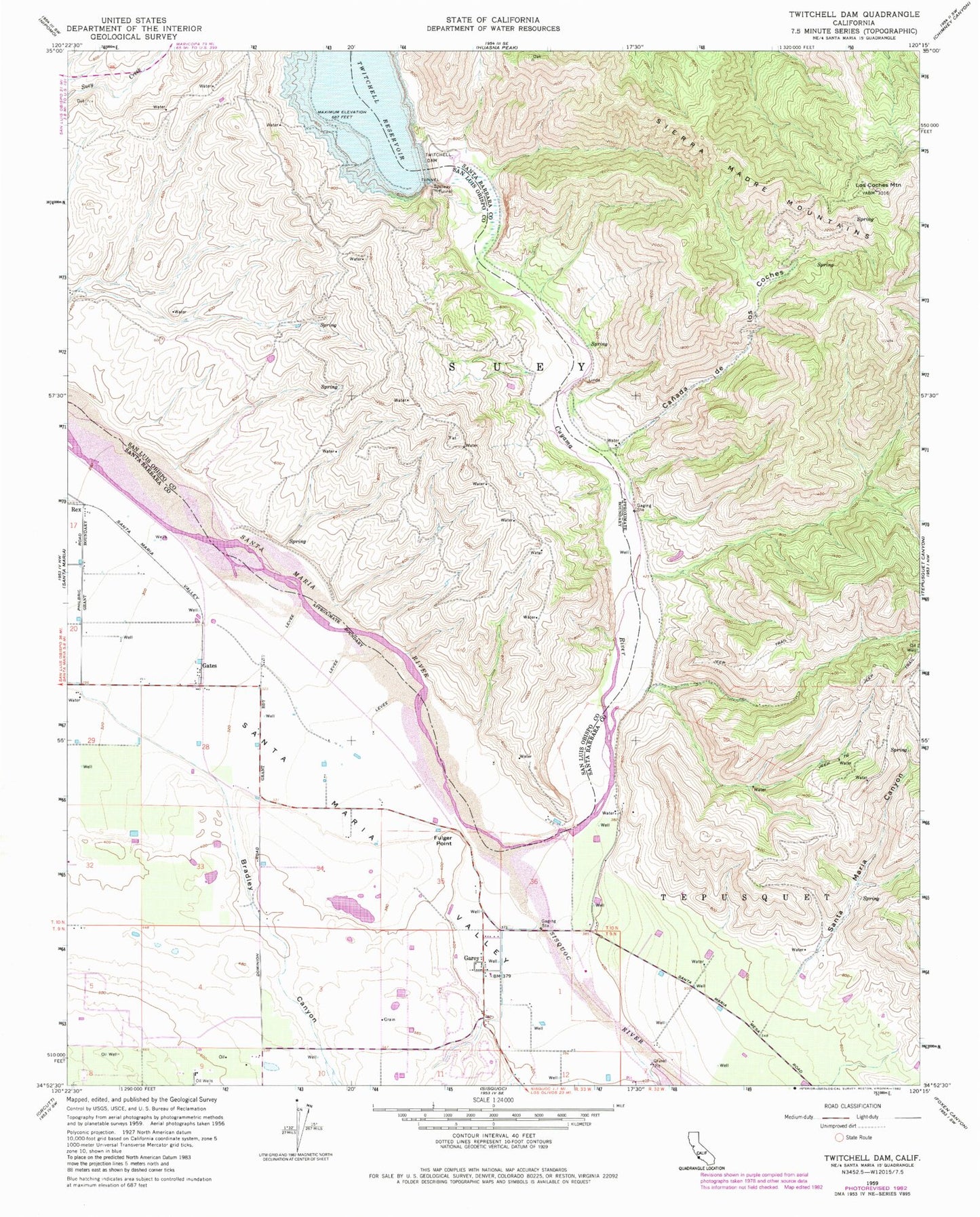 Classic USGS Twitchell Dam California 7.5'x7.5' Topo Map Image
