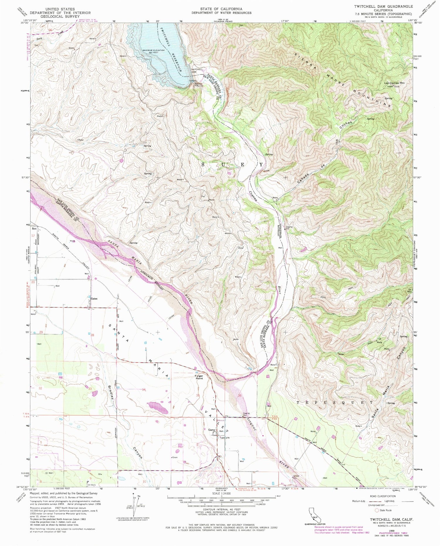 Classic USGS Twitchell Dam California 7.5'x7.5' Topo Map Image