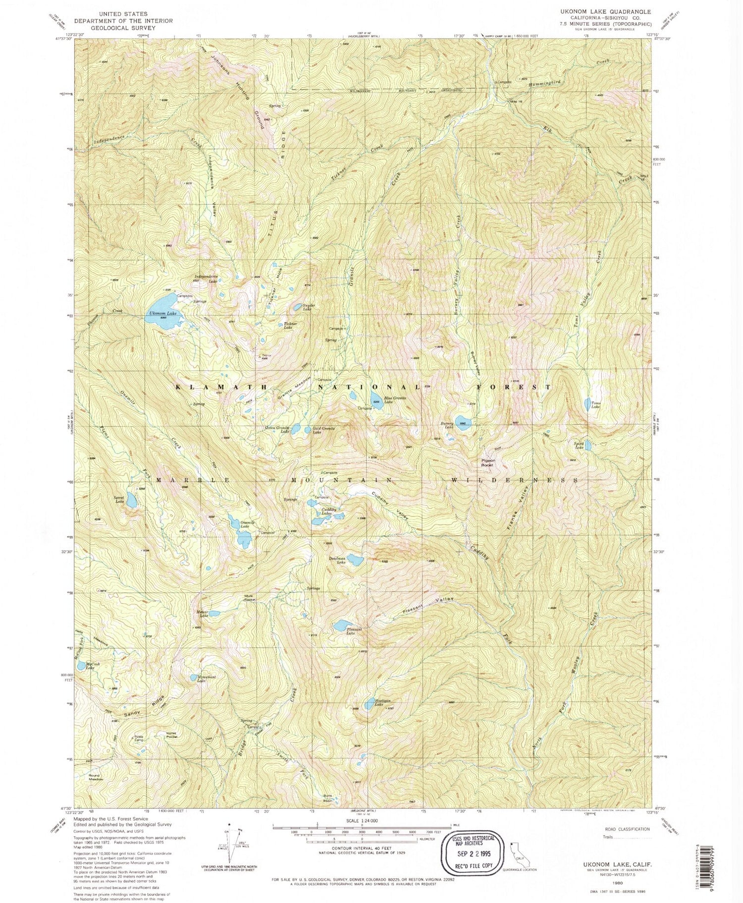 Classic USGS Ukonom Lake California 7.5'x7.5' Topo Map Image