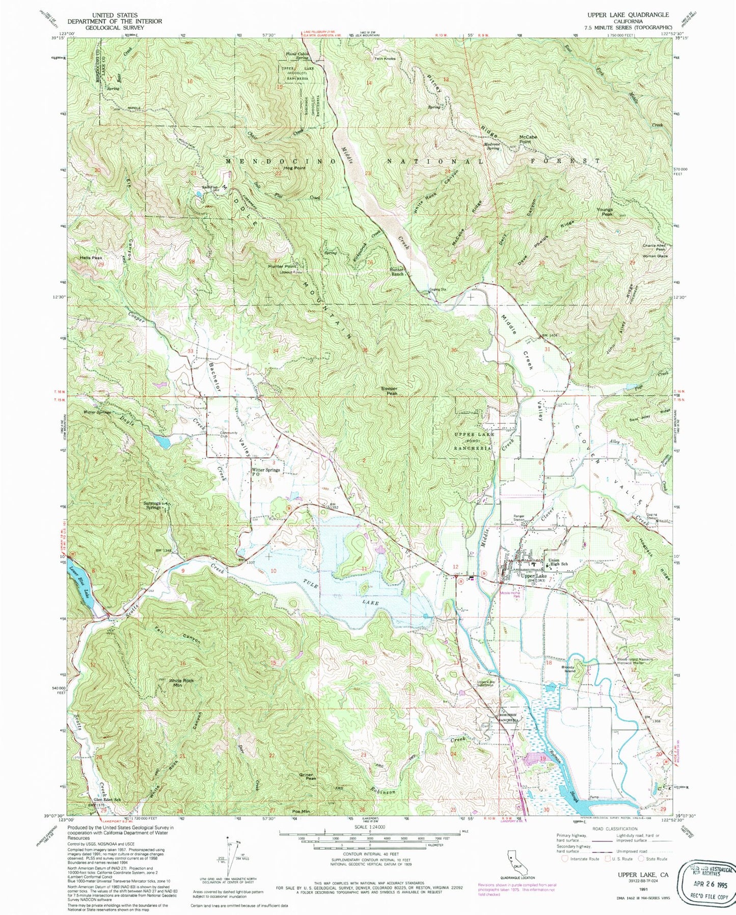 Classic USGS Upper Lake California 7.5'x7.5' Topo Map Image