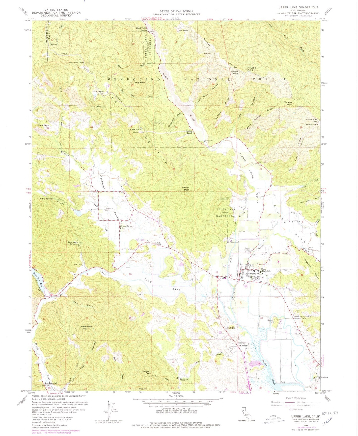 Classic USGS Upper Lake California 7.5'x7.5' Topo Map Image