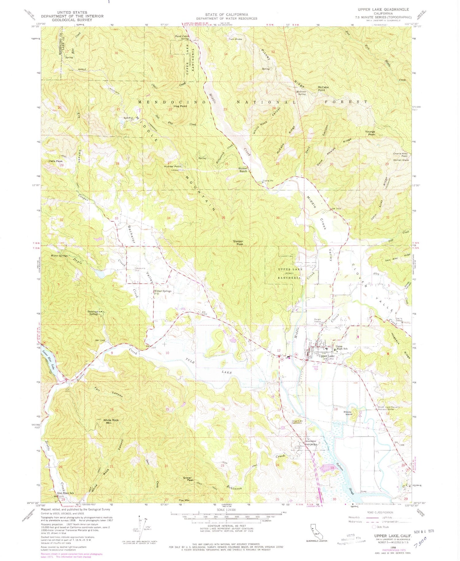 Classic USGS Upper Lake California 7.5'x7.5' Topo Map Image