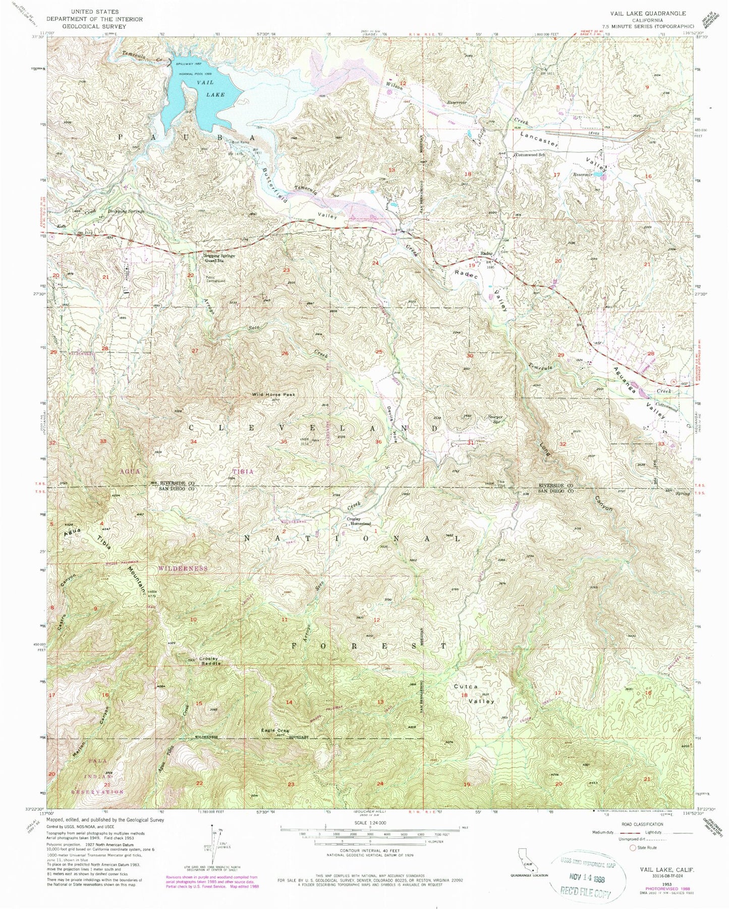 Classic USGS Vail Lake California 7.5'x7.5' Topo Map Image