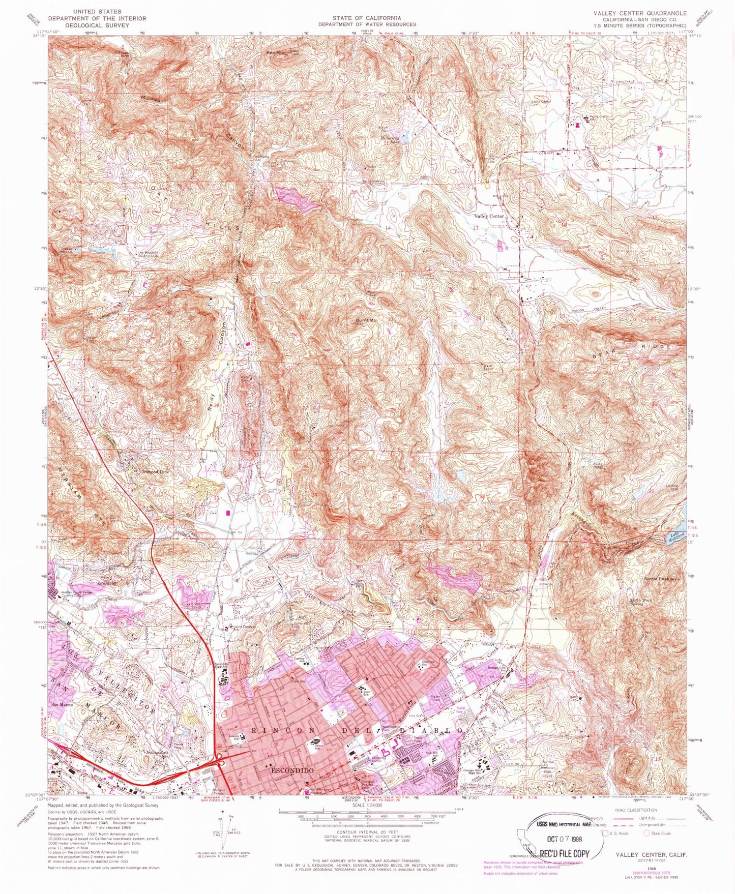 Classic USGS Valley Center California 7.5'x7.5' Topo Map Image