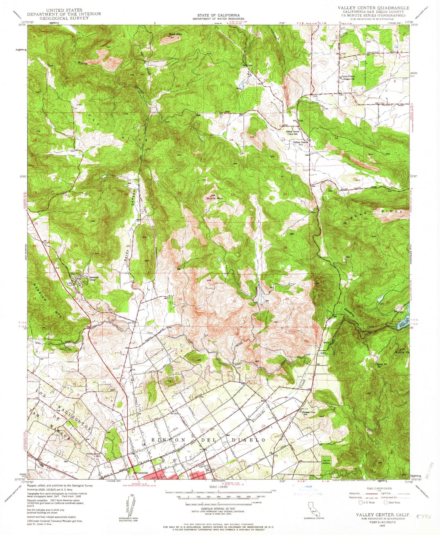 Classic USGS Valley Center California 7.5'x7.5' Topo Map Image