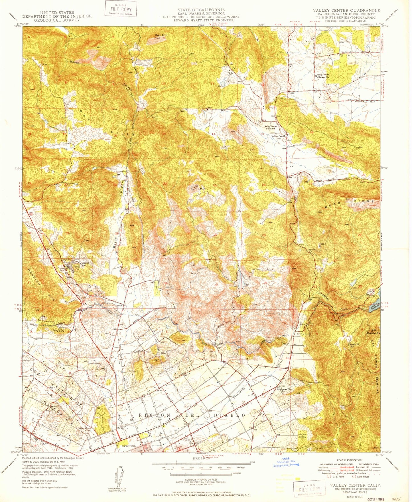 Classic USGS Valley Center California 7.5'x7.5' Topo Map Image