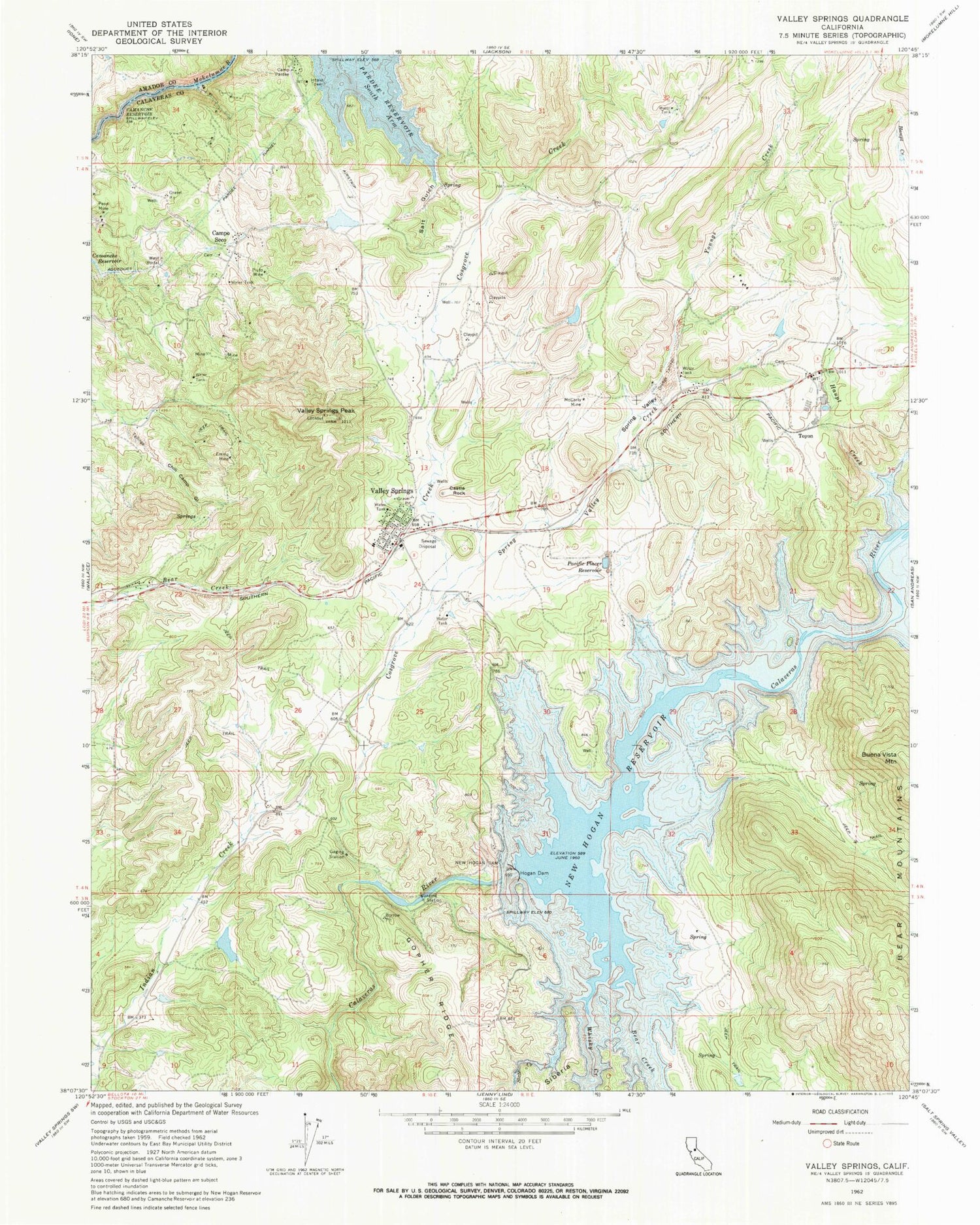 Classic USGS Valley Springs California 7.5'x7.5' Topo Map Image