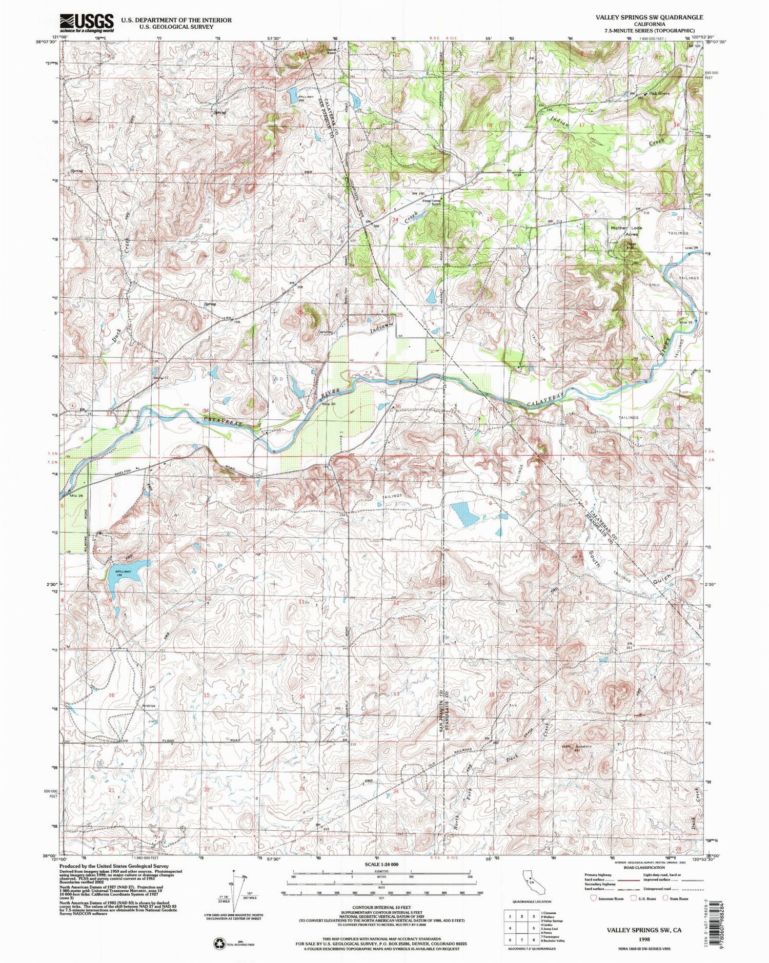 Classic USGS Valley Springs SW California 7.5'x7.5' Topo Map Image