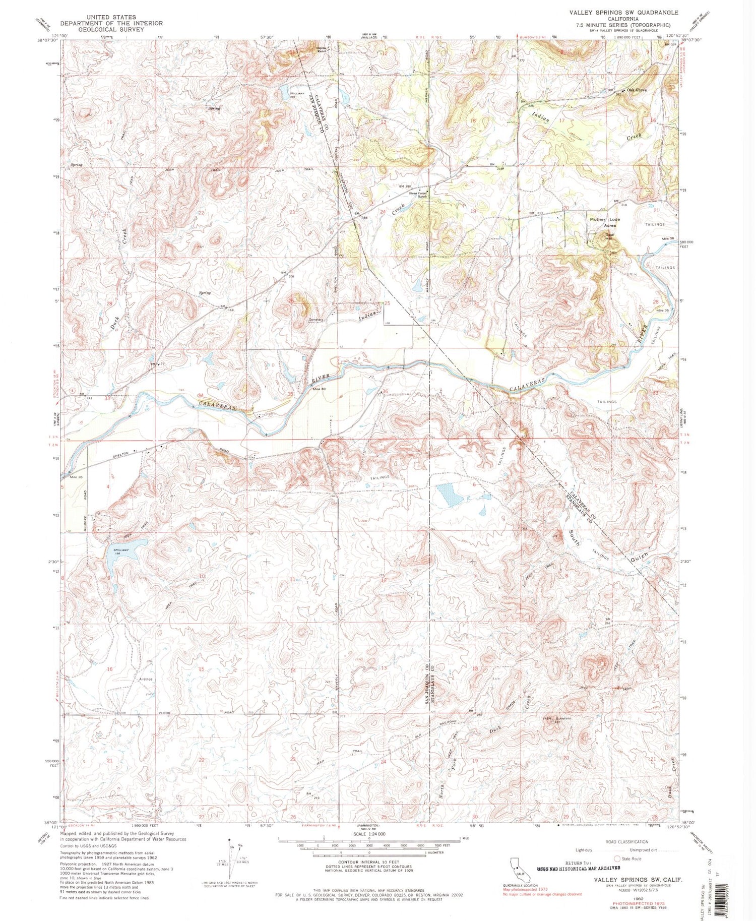 Classic USGS Valley Springs SW California 7.5'x7.5' Topo Map Image