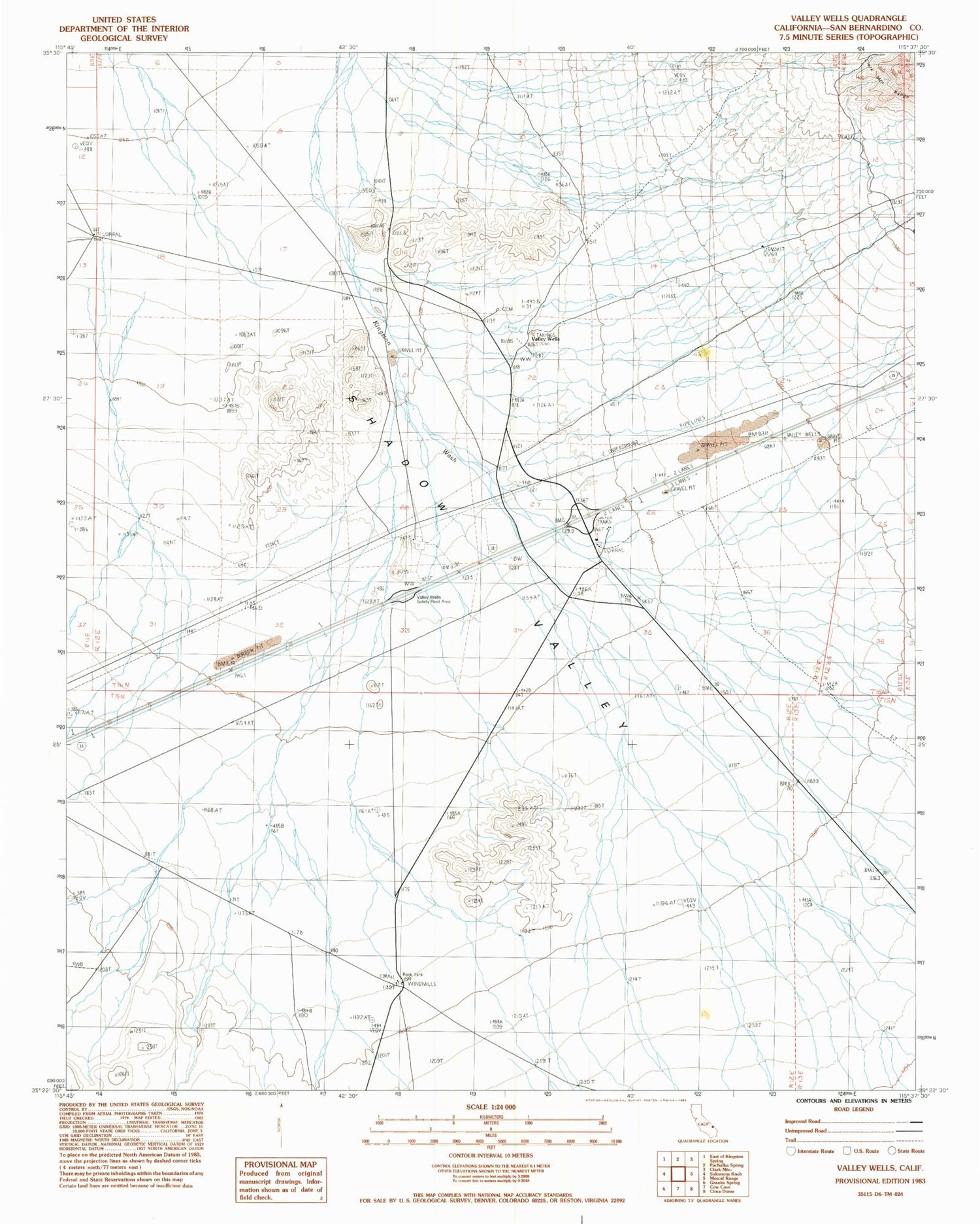 Classic USGS Valley Wells California 7.5'x7.5' Topo Map Image