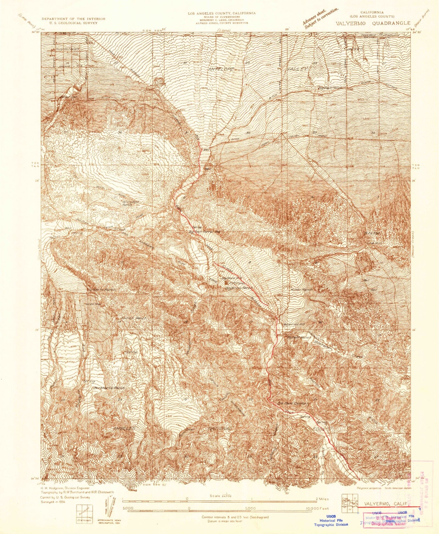 Classic USGS Valyermo California 7.5'x7.5' Topo Map Image
