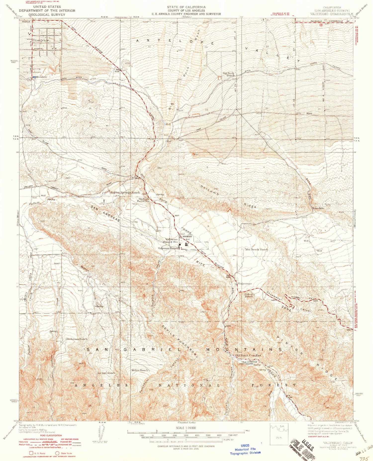 Classic USGS Valyermo California 7.5'x7.5' Topo Map Image