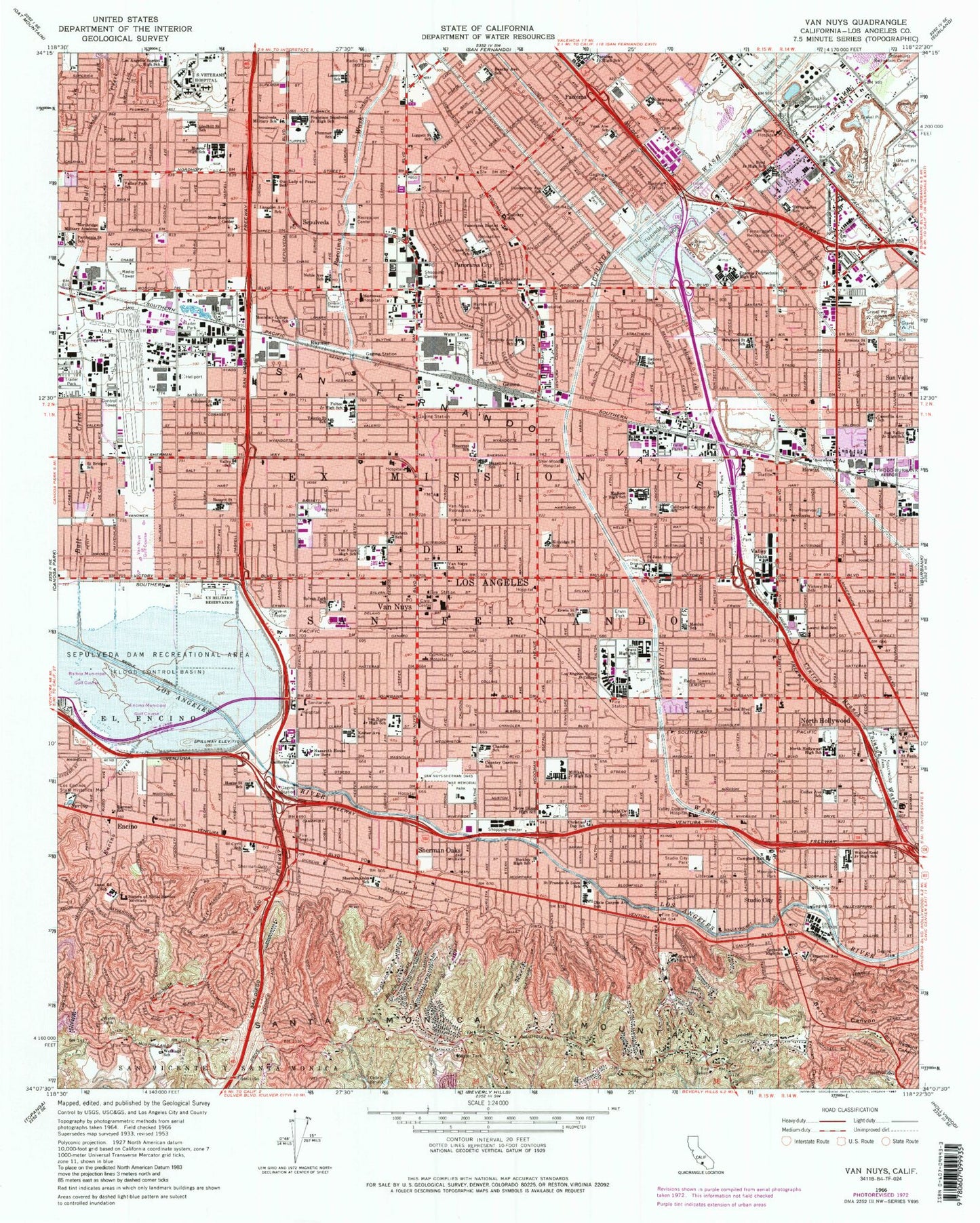 Classic USGS Van Nuys California 7.5'x7.5' Topo Map Image