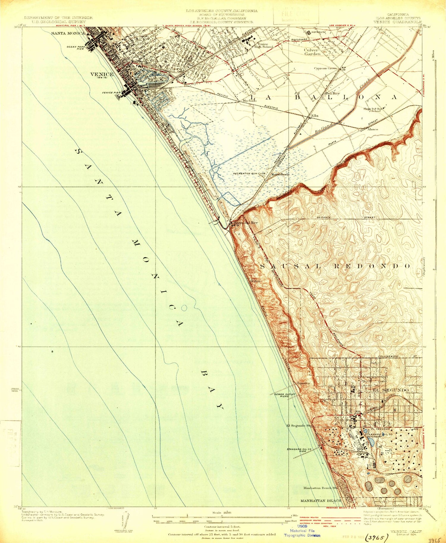 Classic USGS Venice California 7.5'x7.5' Topo Map Image