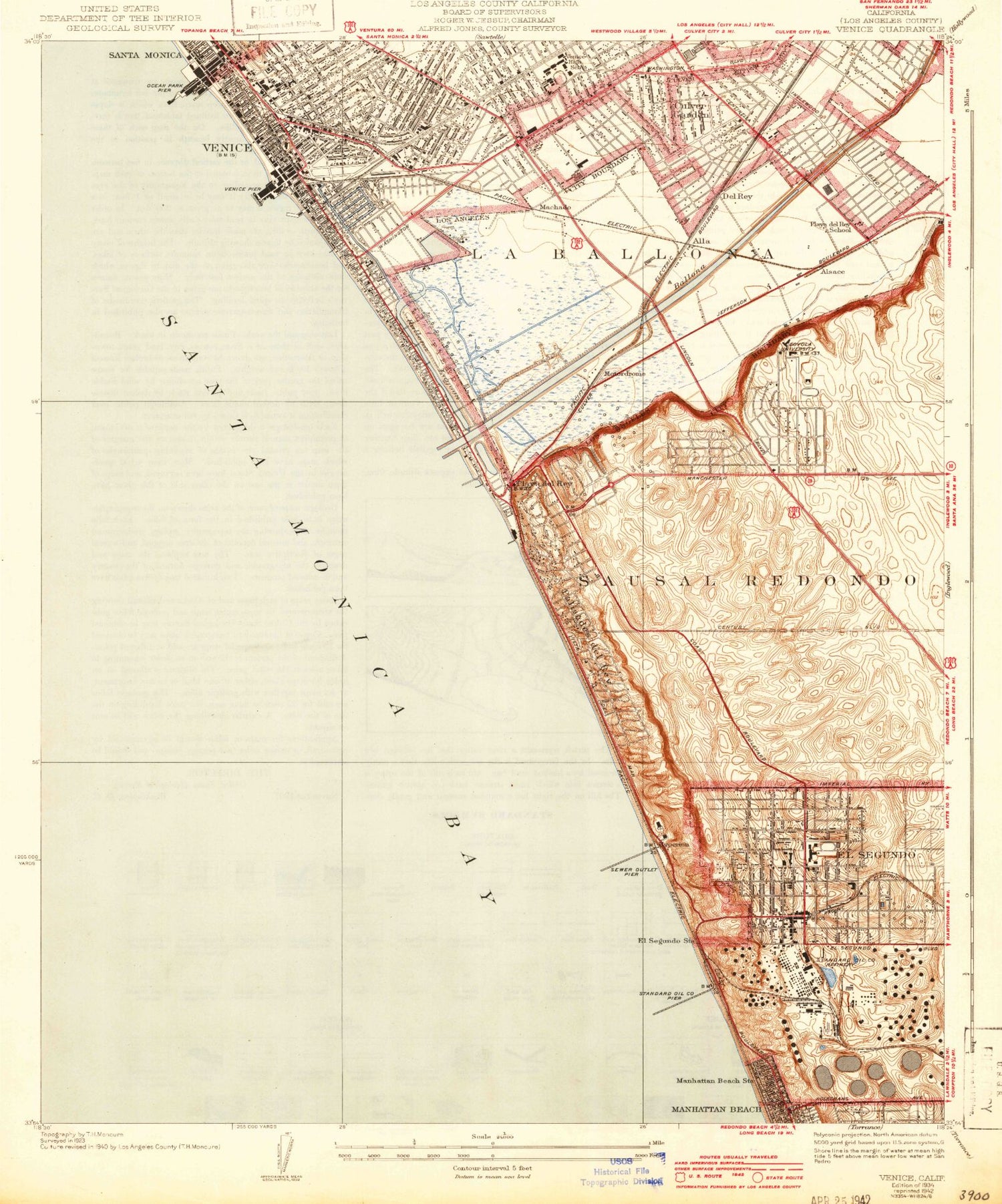 Classic USGS Venice California 7.5'x7.5' Topo Map Image