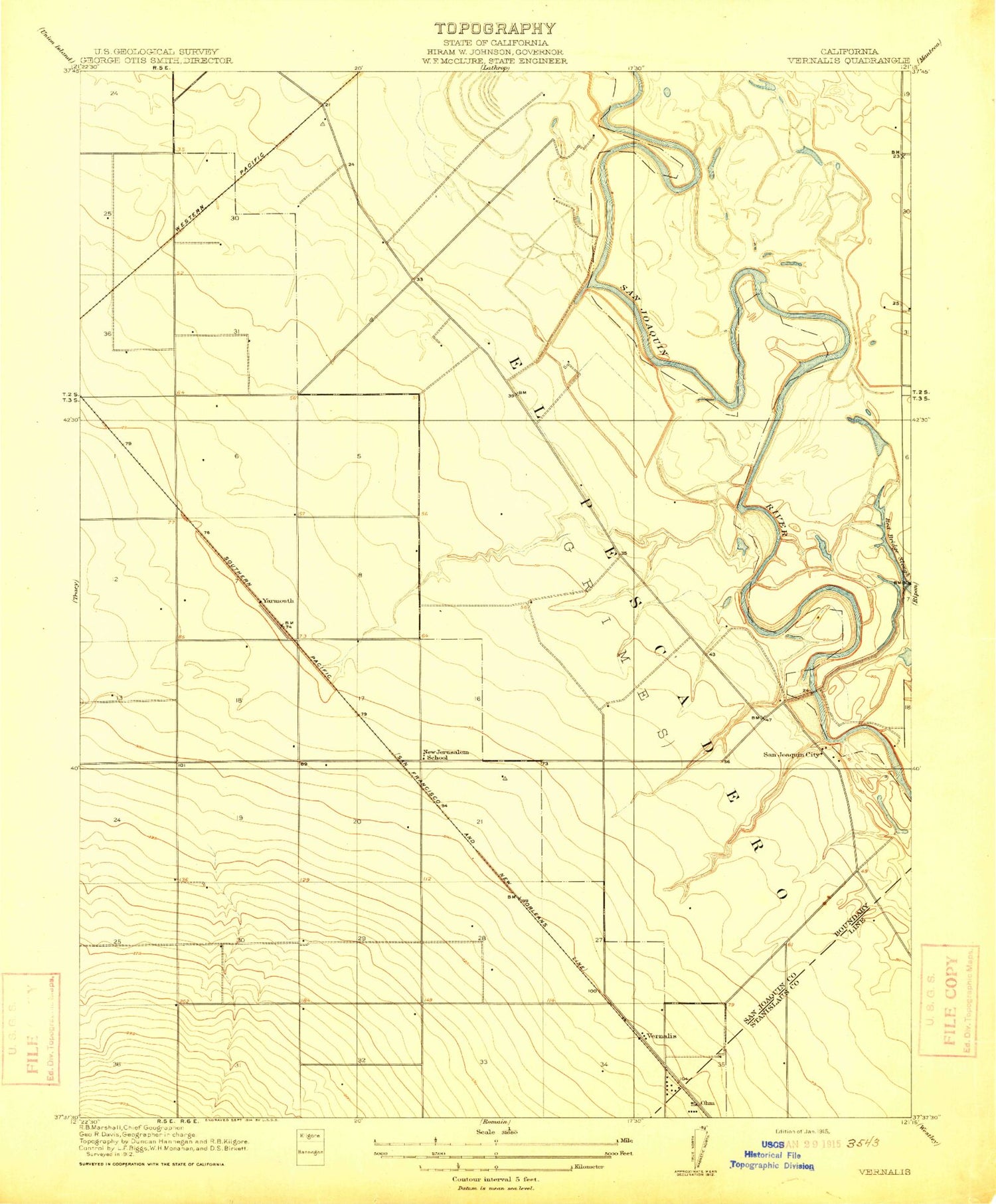 Classic USGS Vernalis California 7.5'x7.5' Topo Map Image