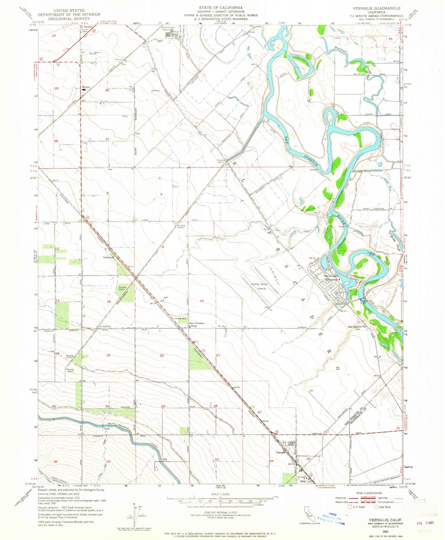 Classic USGS Vernalis California 7.5'x7.5' Topo Map Image