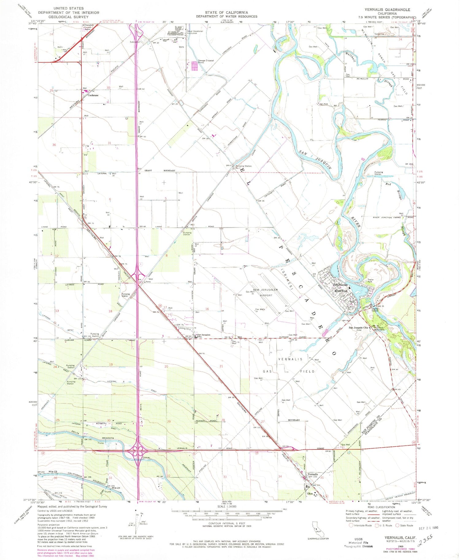 Classic USGS Vernalis California 7.5'x7.5' Topo Map Image
