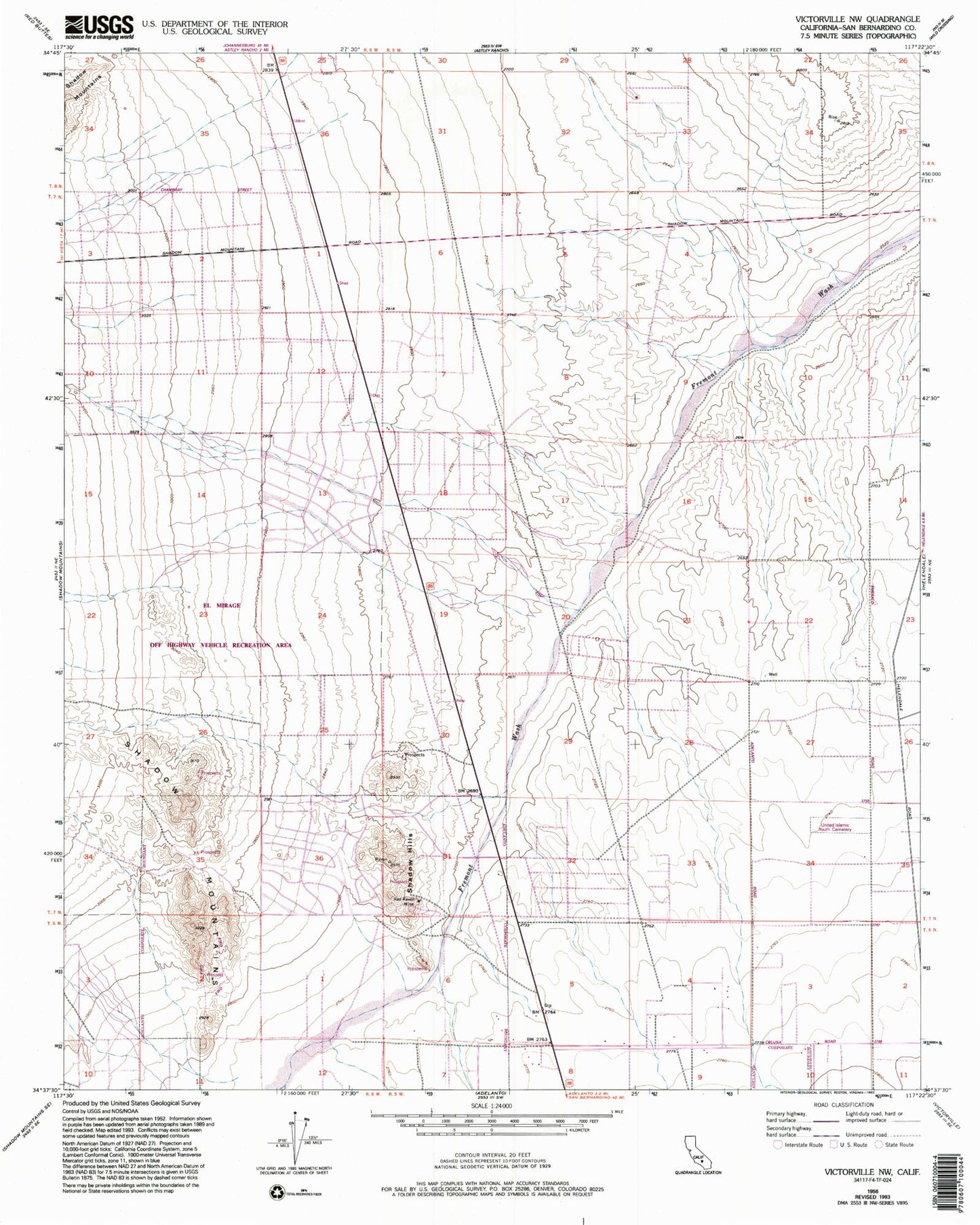 Classic USGS Victorville NW California 7.5'x7.5' Topo Map Image