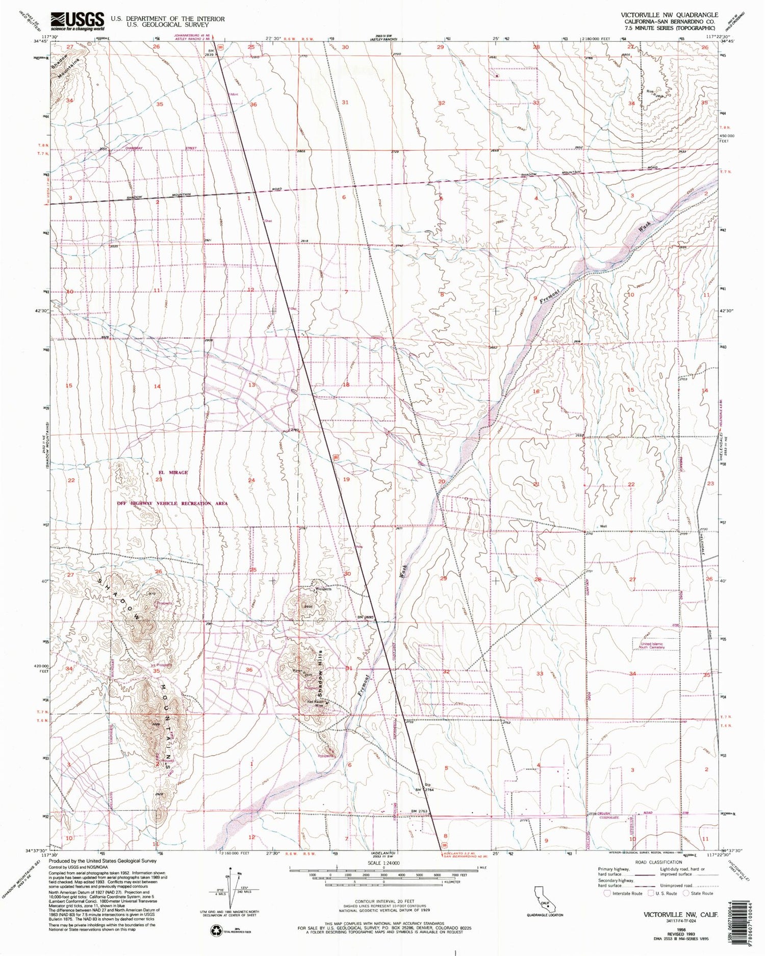 Classic USGS Victorville NW California 7.5'x7.5' Topo Map Image