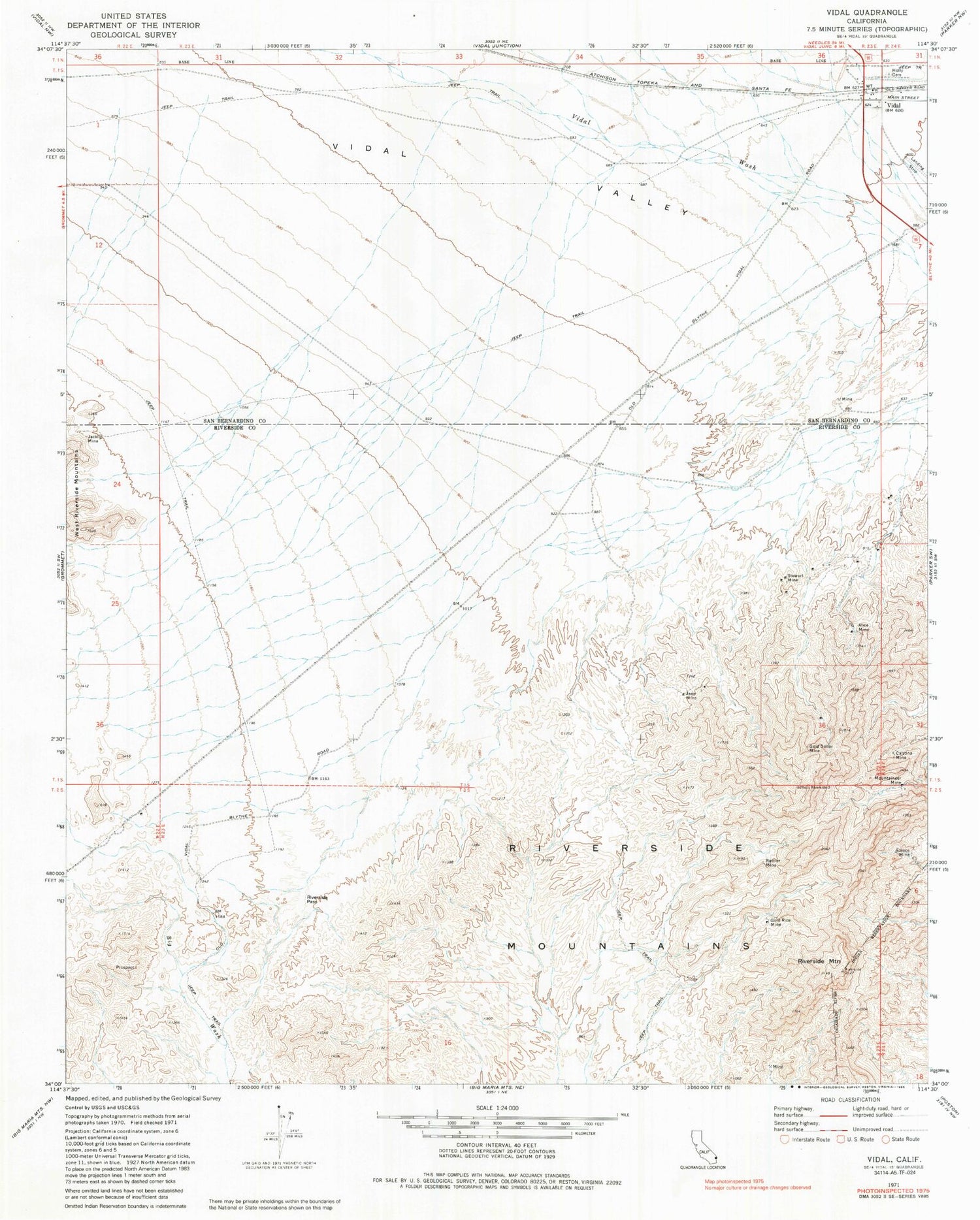 Classic USGS Vidal California 7.5'x7.5' Topo Map Image