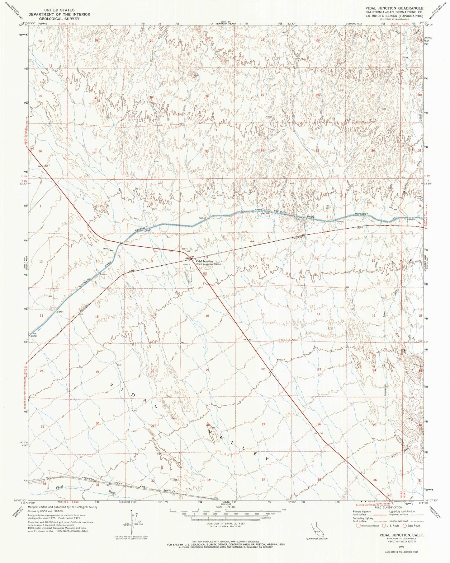 Classic USGS Vidal Junction California 7.5'x7.5' Topo Map Image