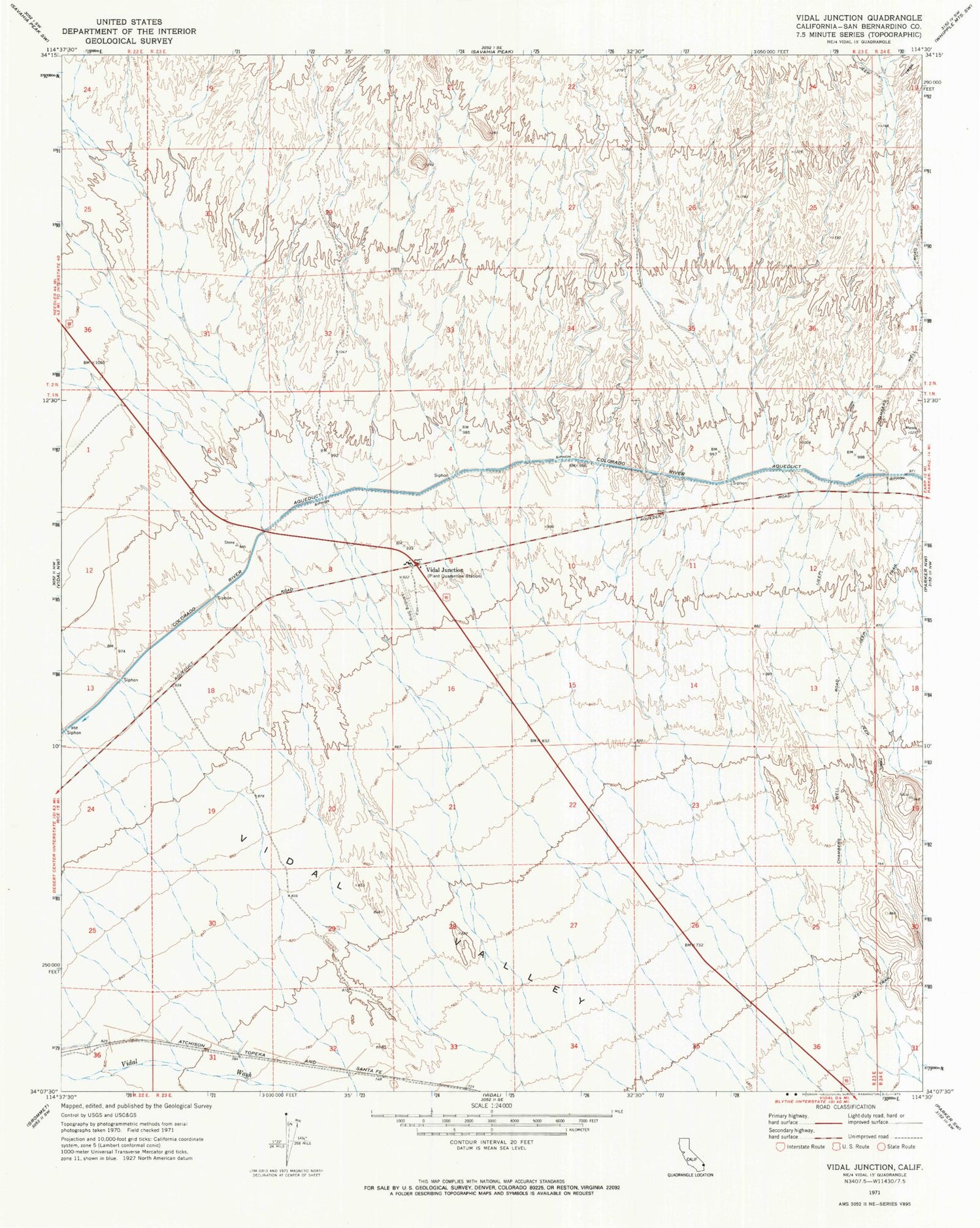 Classic USGS Vidal Junction California 7.5'x7.5' Topo Map Image