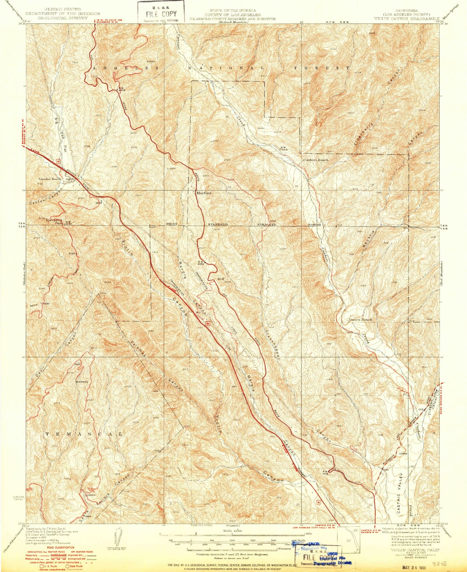 Classic USGS Violin Canyon California 7.5'x7.5' Topo Map Image