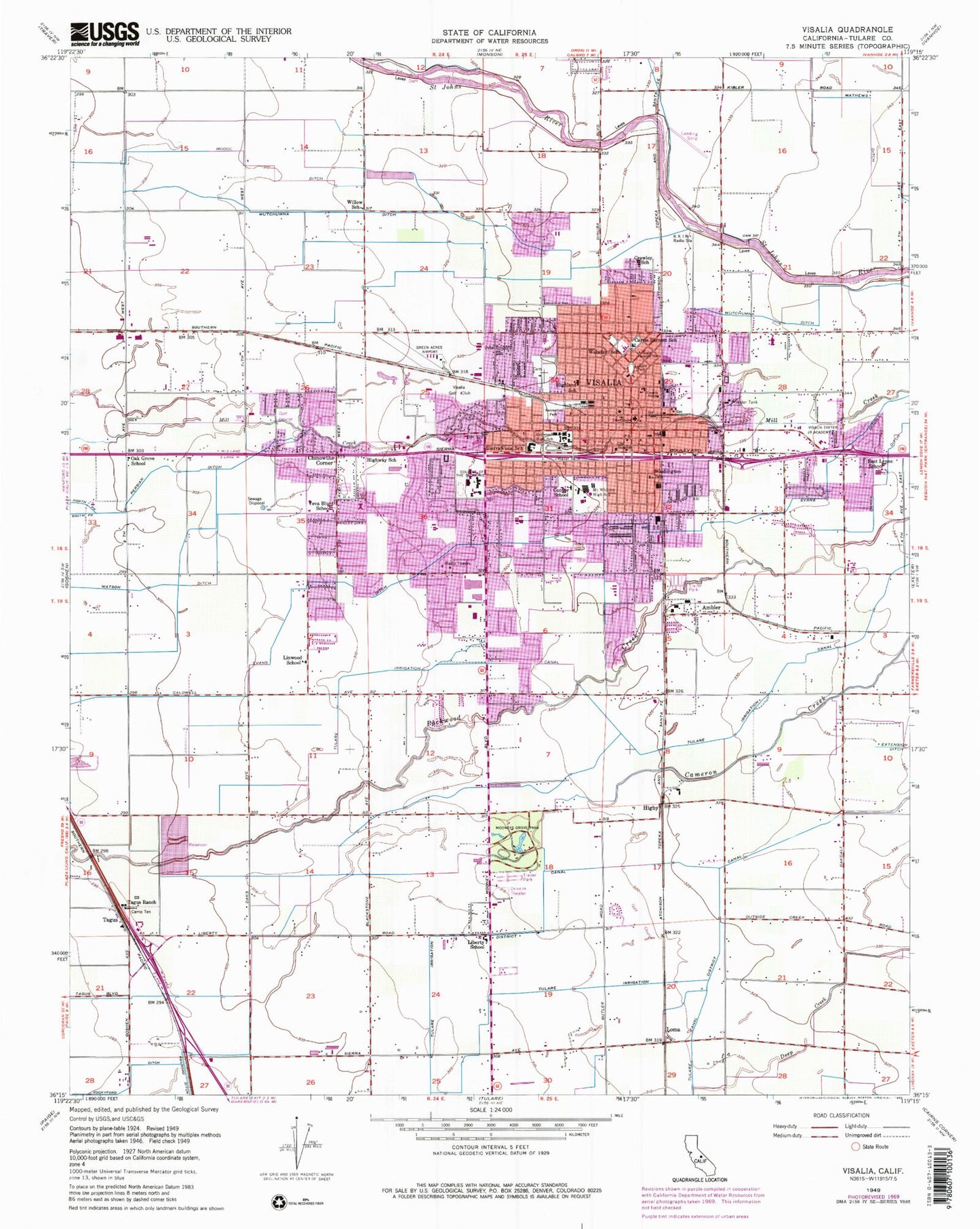 Classic USGS Visalia California 7.5'x7.5' Topo Map Image