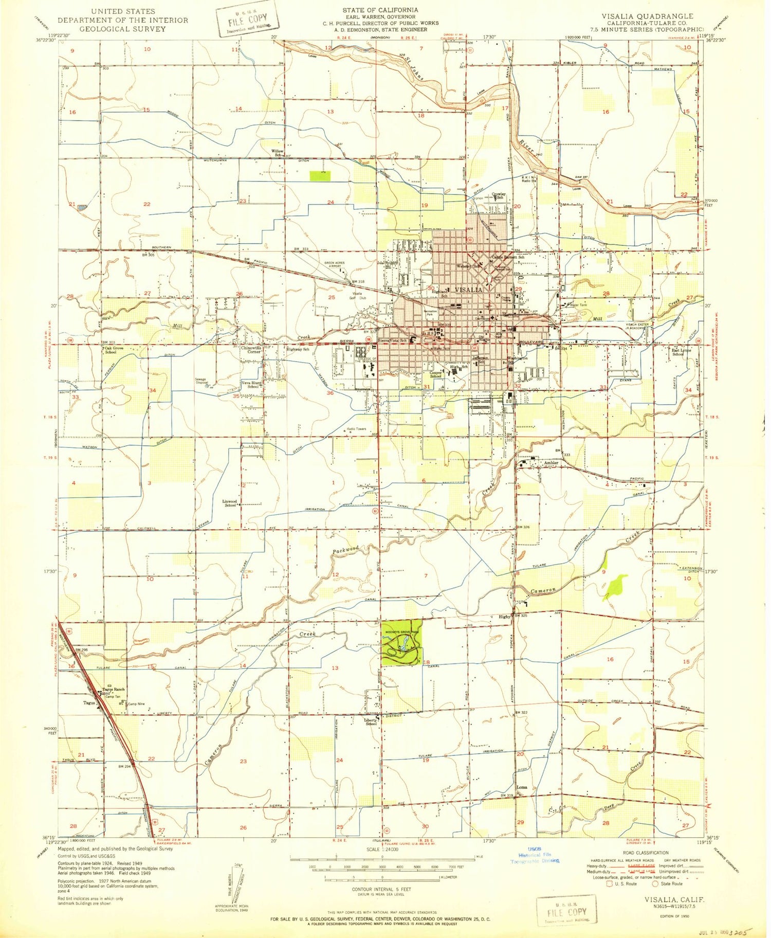 Classic USGS Visalia California 7.5'x7.5' Topo Map Image