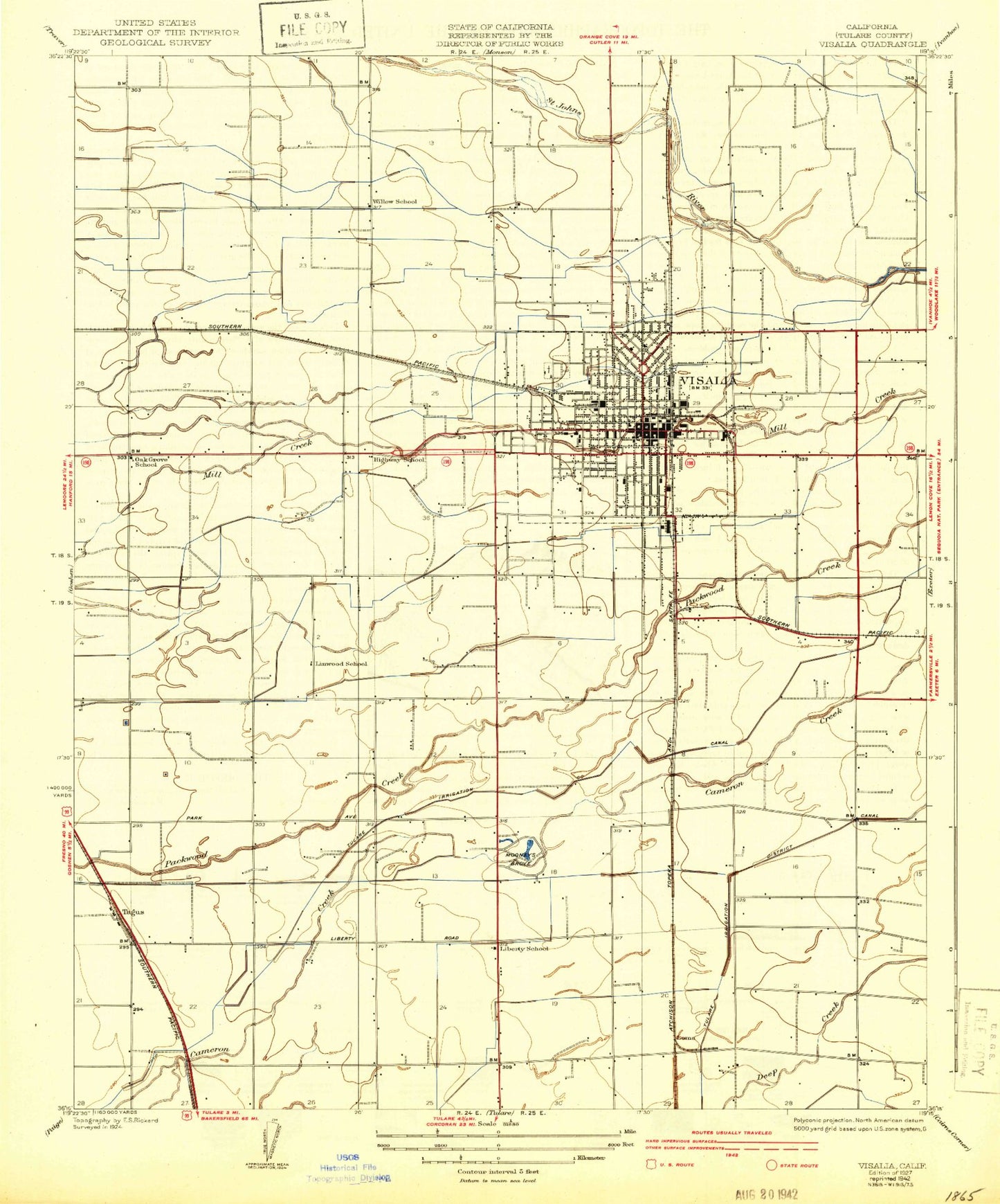Classic USGS Visalia California 7.5'x7.5' Topo Map Image