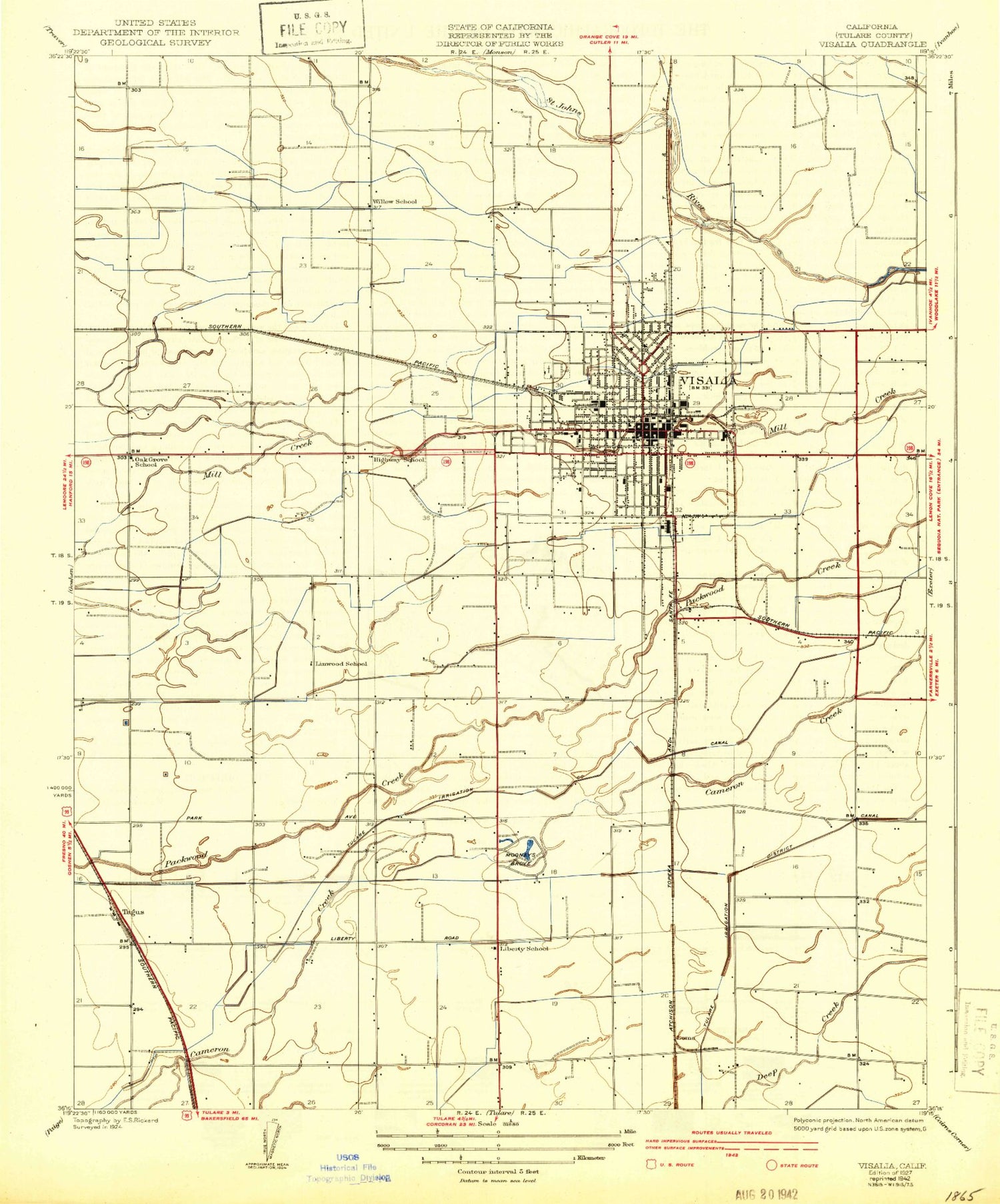 Classic USGS Visalia California 7.5'x7.5' Topo Map Image