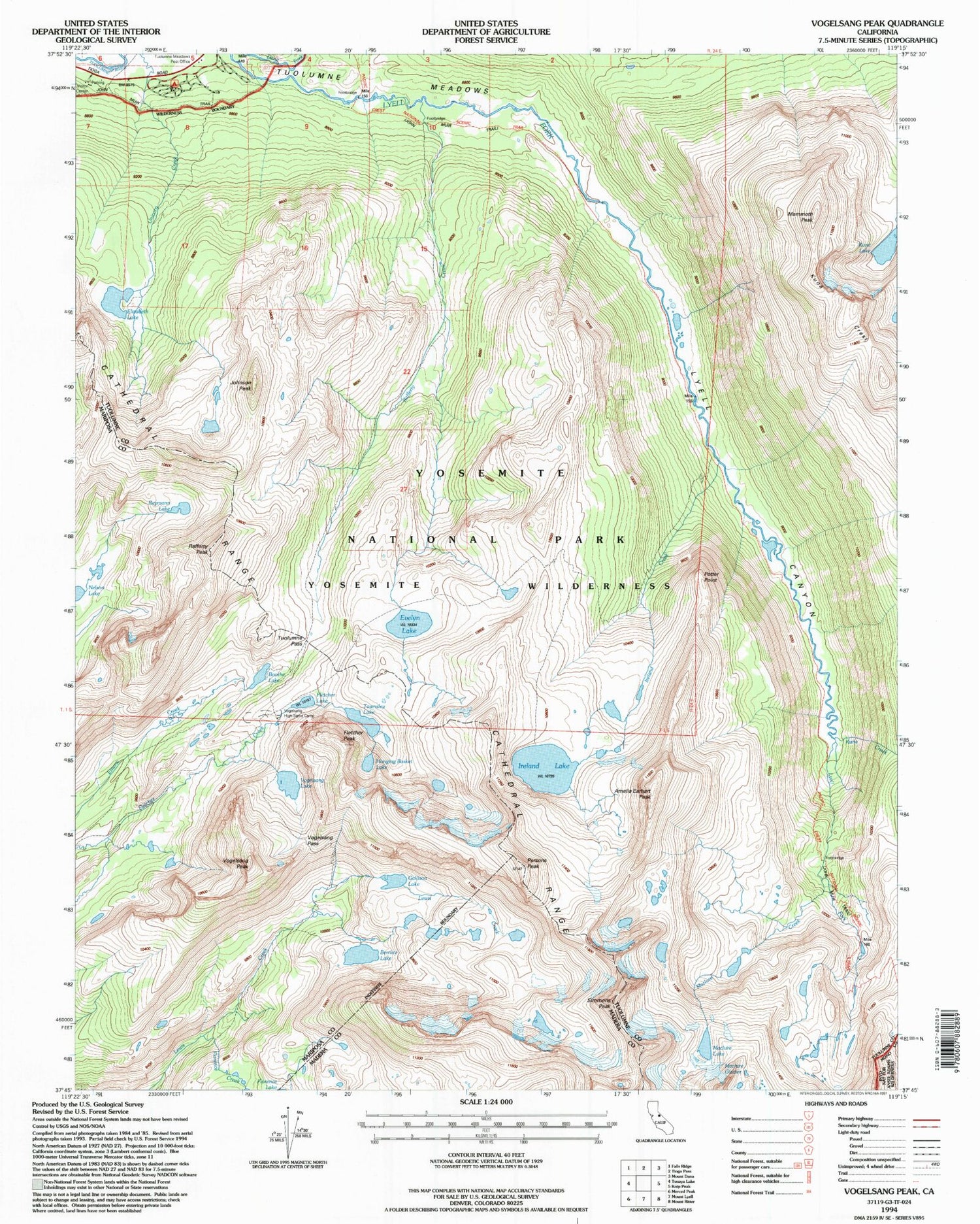 USGS Classic Vogelsang Peak California 7.5'x7.5' Topo Map Image