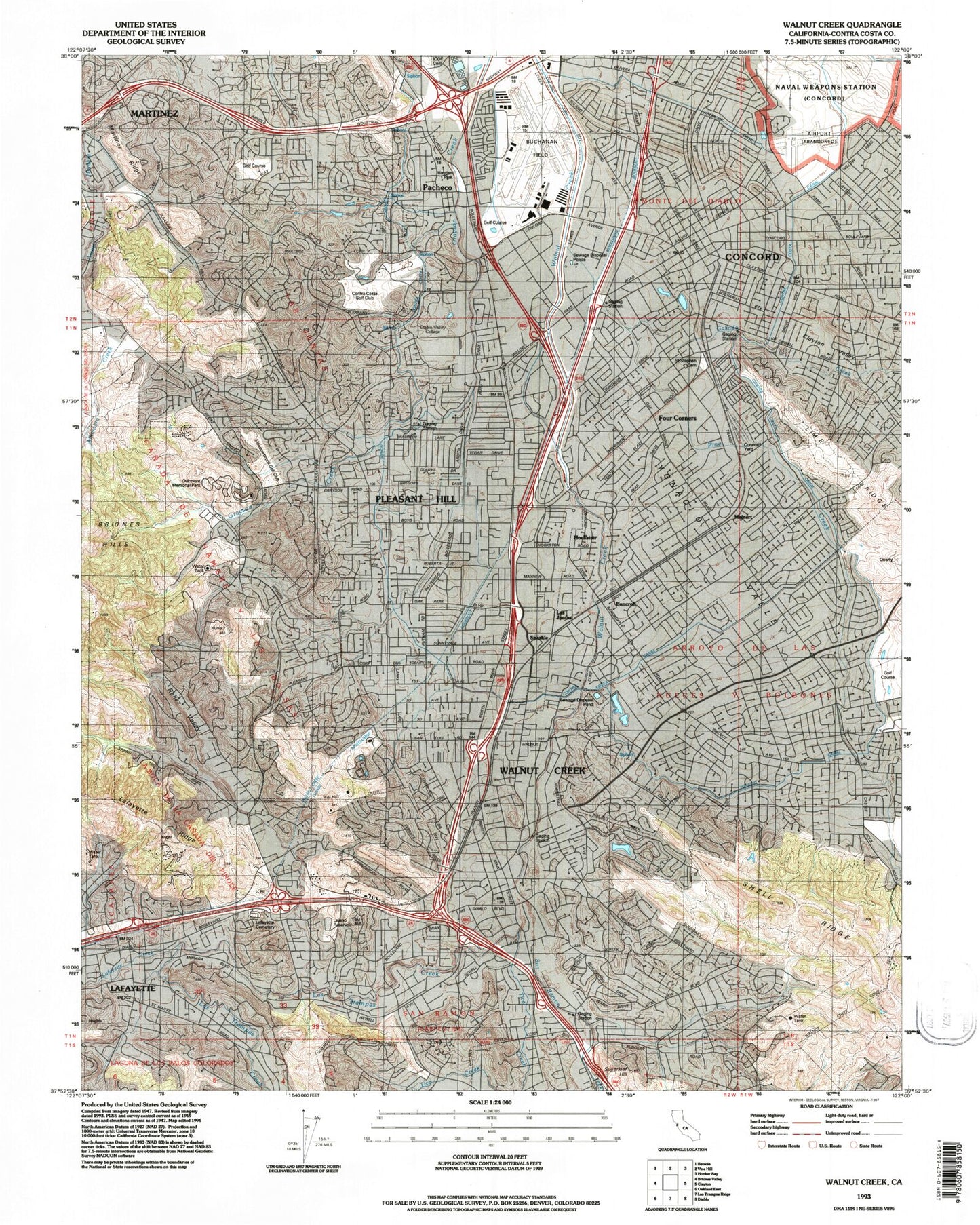 Classic USGS Walnut Creek California 7.5'x7.5' Topo Map Image
