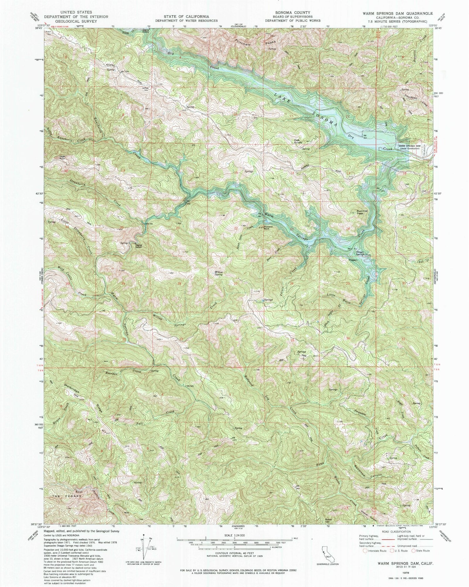 Classic USGS Warm Springs Dam California 7.5'x7.5' Topo Map Image