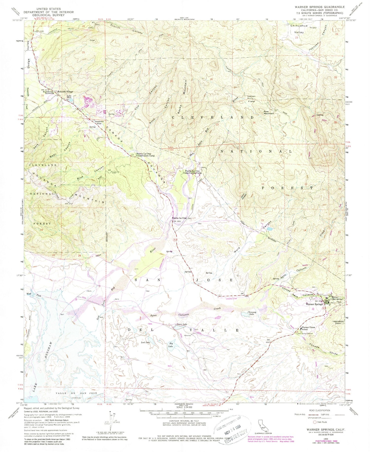 Classic USGS Warner Springs California 7.5'x7.5' Topo Map Image
