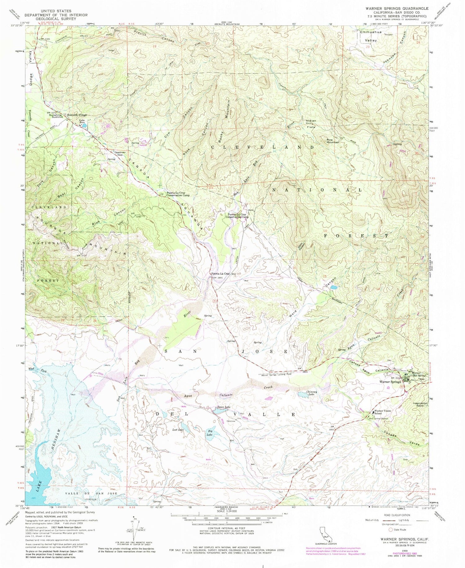 Classic USGS Warner Springs California 7.5'x7.5' Topo Map Image