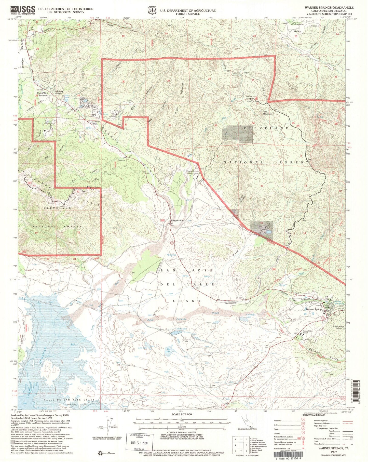 Classic USGS Warner Springs California 7.5'x7.5' Topo Map Image