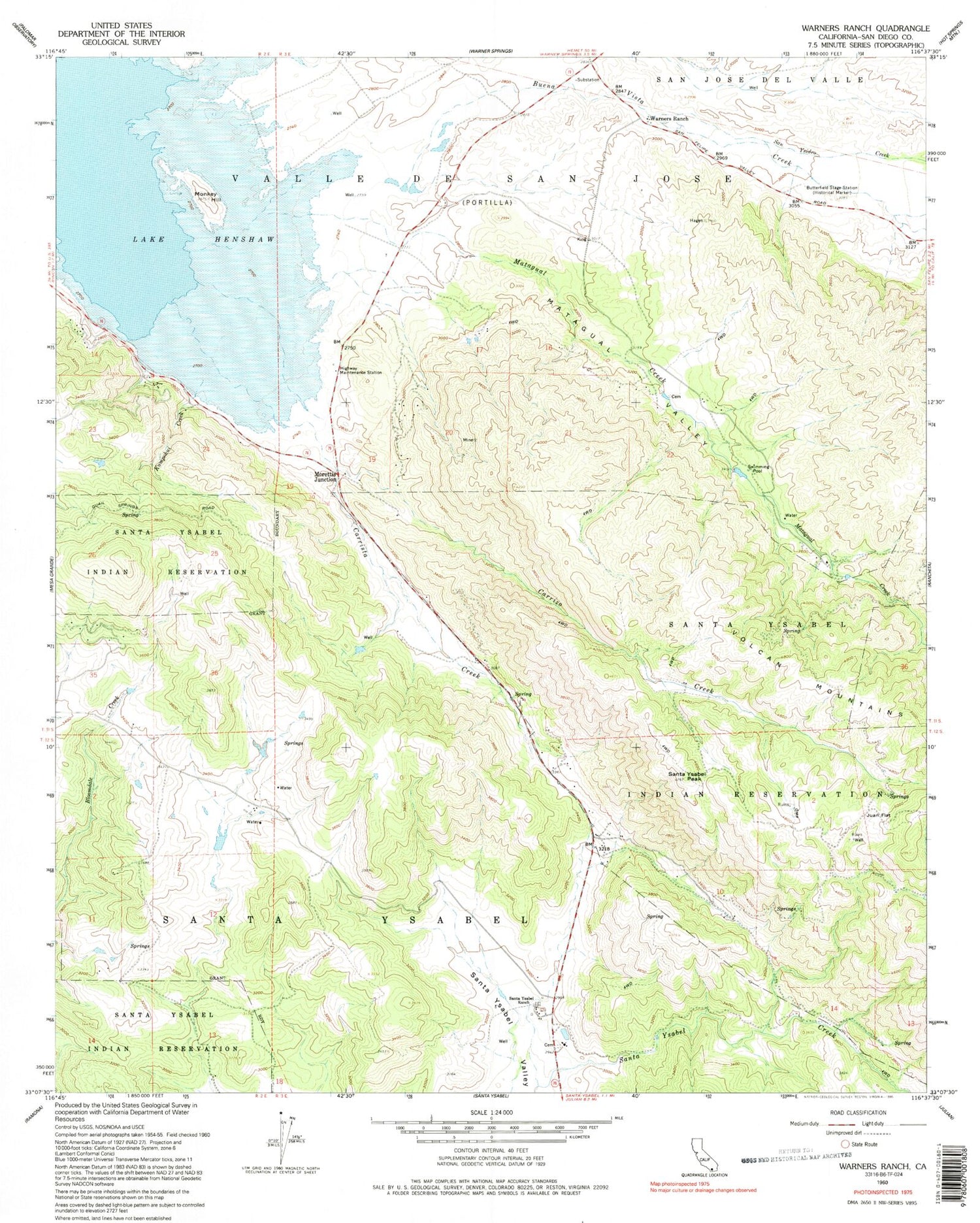 Classic USGS Warners Ranch California 7.5'x7.5' Topo Map Image