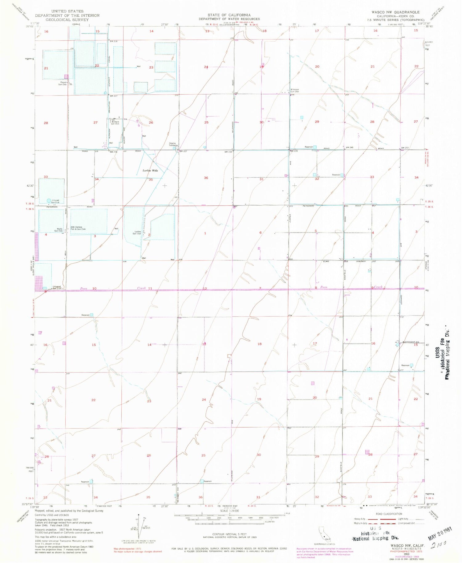 Classic USGS Wasco NW California 7.5'x7.5' Topo Map Image