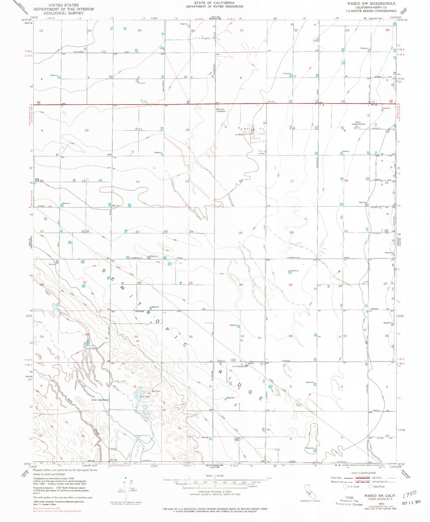 Classic USGS Wasco SW California 7.5'x7.5' Topo Map Image