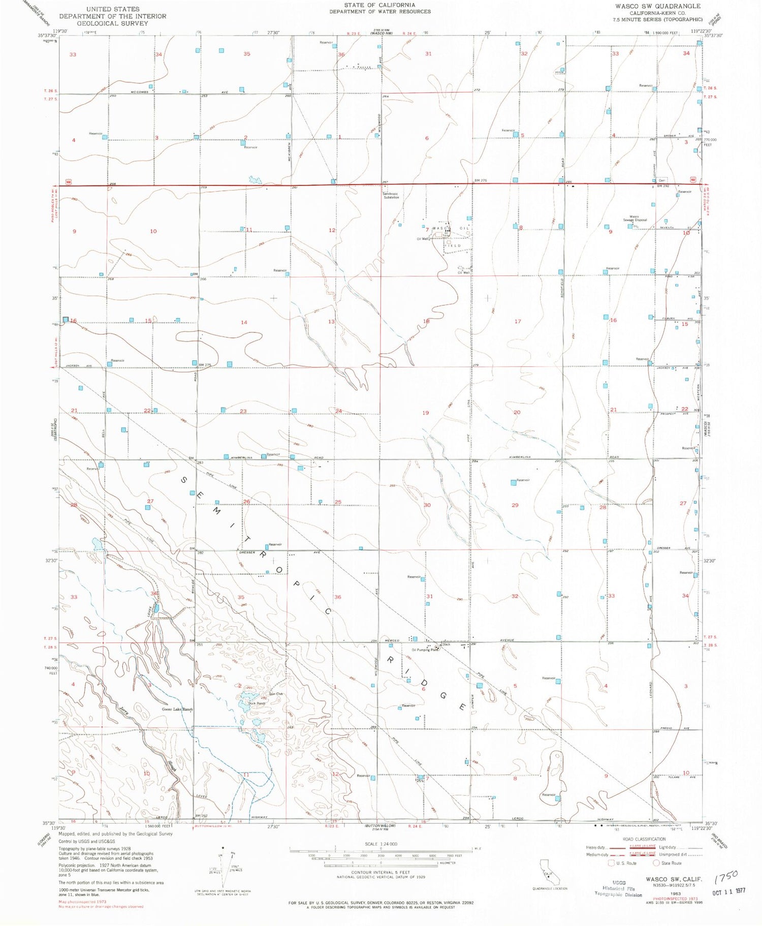 Classic USGS Wasco SW California 7.5'x7.5' Topo Map Image