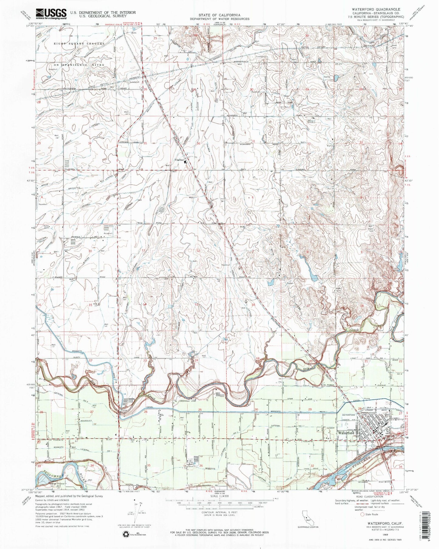 Classic USGS Waterford California 7.5'x7.5' Topo Map Image