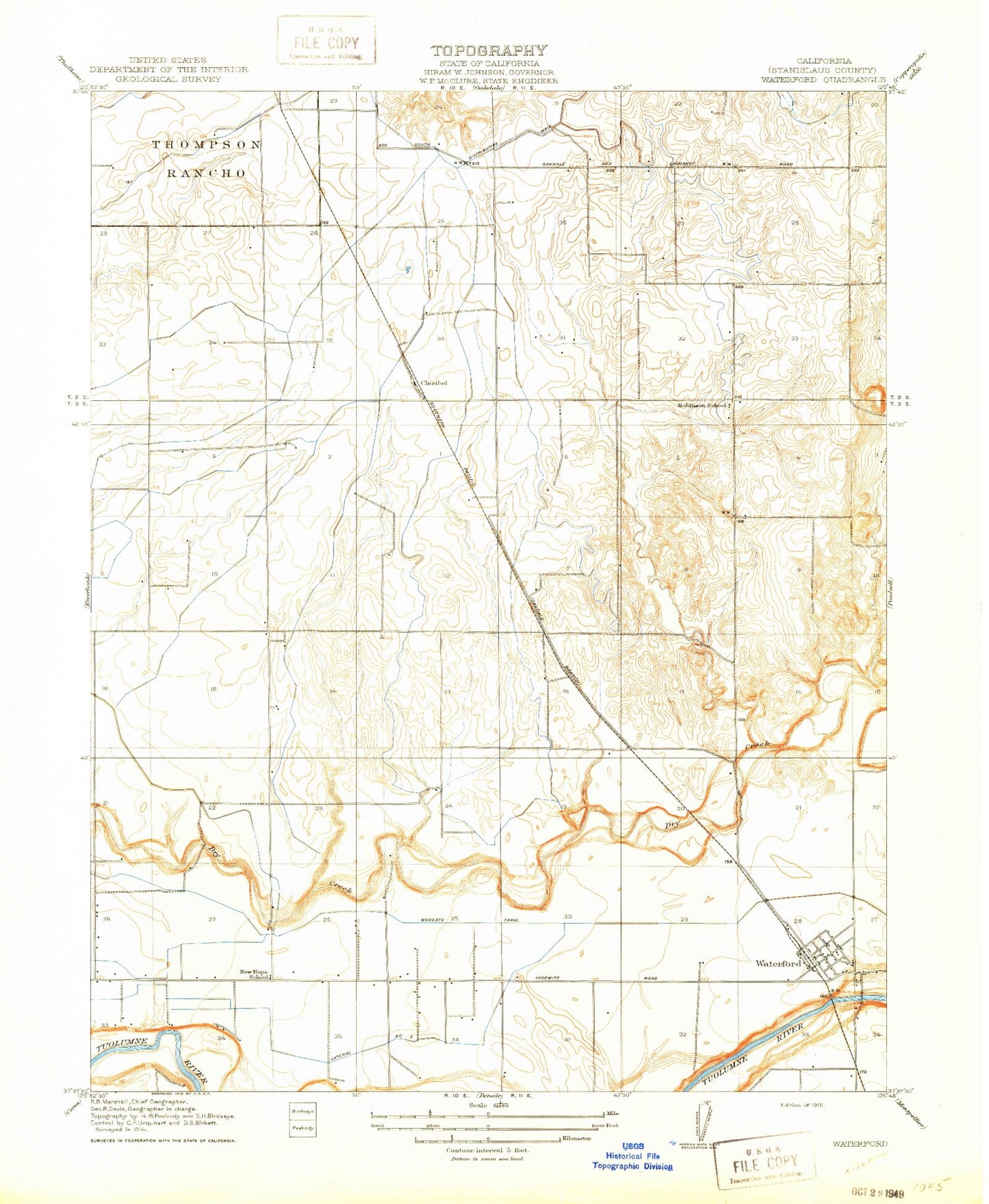 Classic USGS Waterford California 7.5'x7.5' Topo Map Image