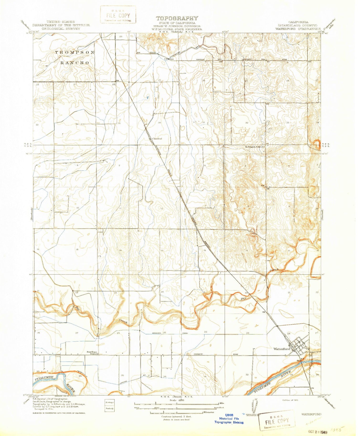 Classic USGS Waterford California 7.5'x7.5' Topo Map Image
