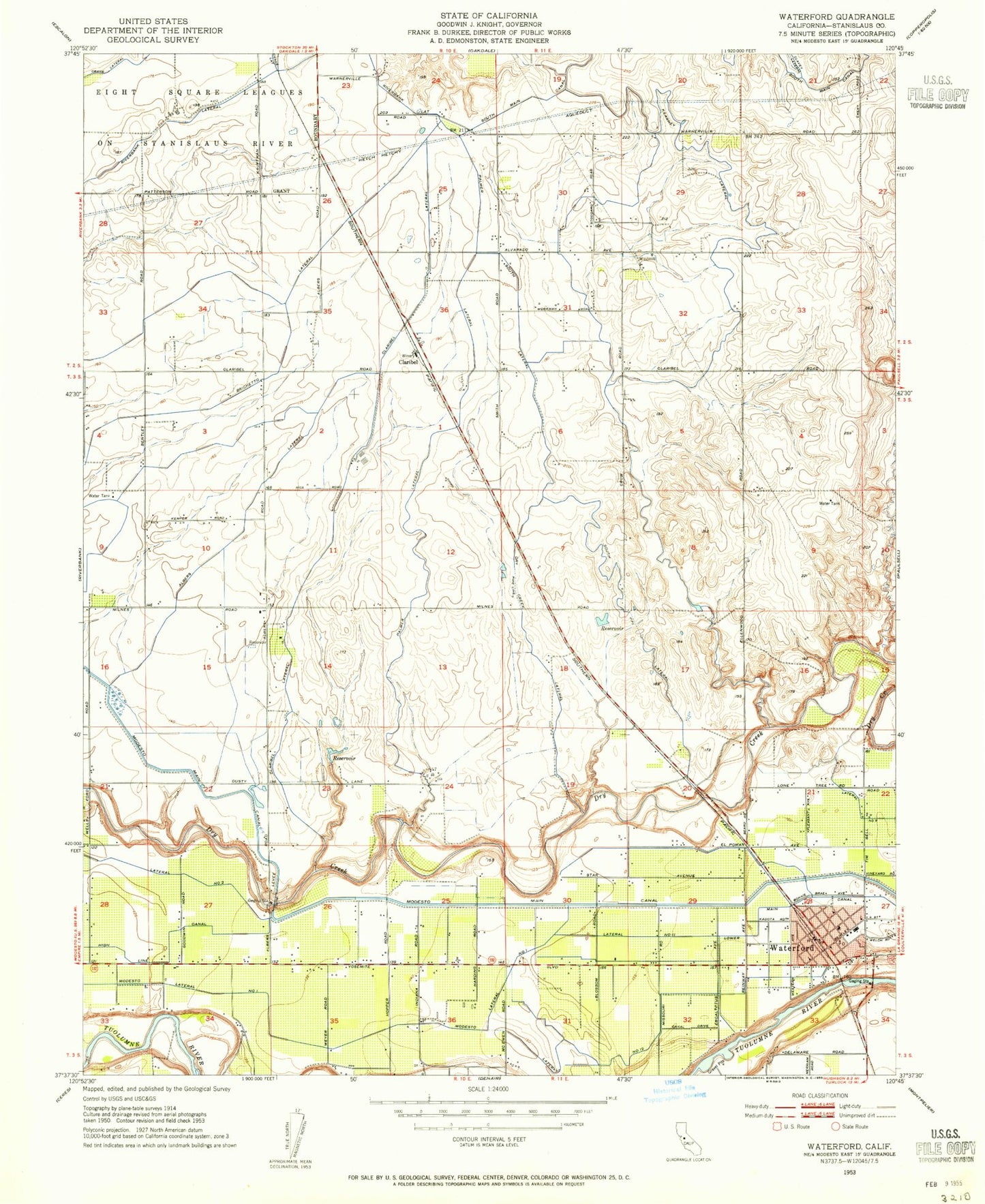 Classic USGS Waterford California 7.5'x7.5' Topo Map Image